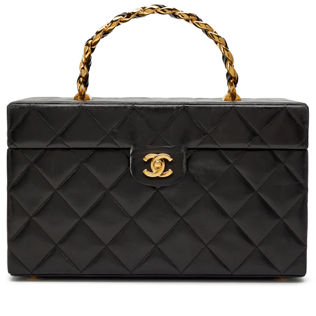 Vintage Black Quilted Lambskin Large Vanity Box Bag Gold Hardware, 1994-1996