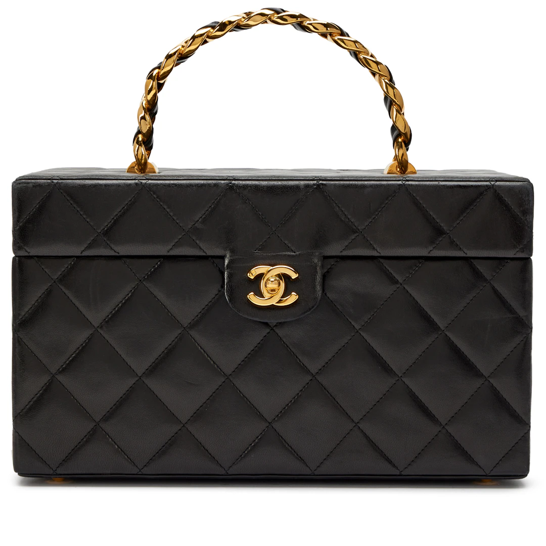 Vintage Black Quilted Lambskin Large Vanity Box Bag Gold Hardware, 1994-1996