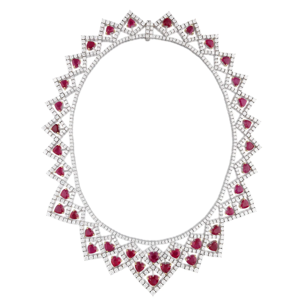 White Gold, Burmese Ruby and Diamond Collar Necklace