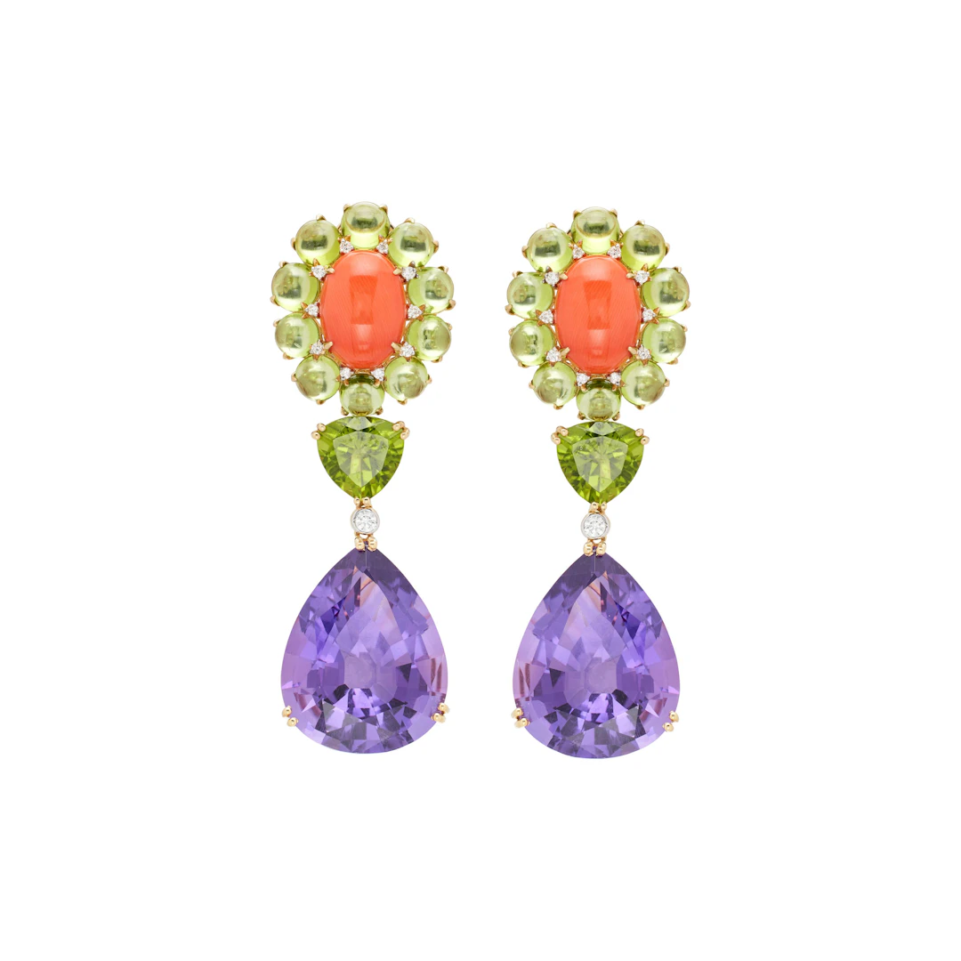 Gold, Amethyst, Peridot, Coral and Diamond Drop Earclips