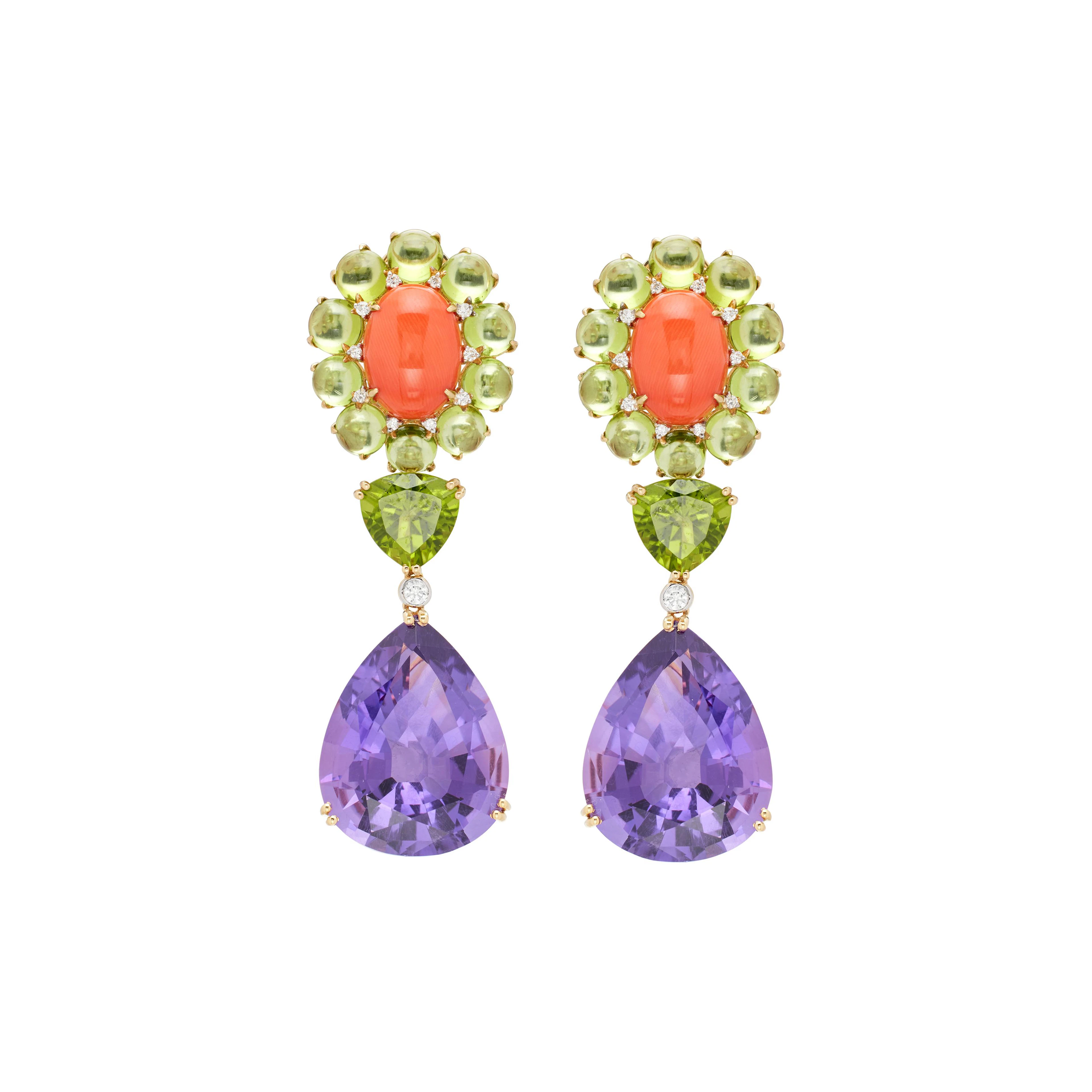 Gold, Amethyst, Peridot, Coral and Diamond Drop Earclips