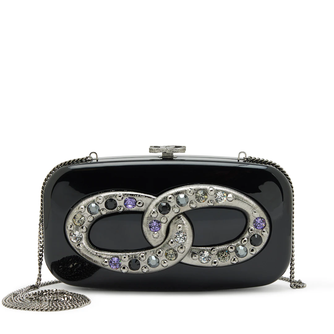 Black Acrylic Multicolor Crystal Embellished Minaudière Box Clutch
