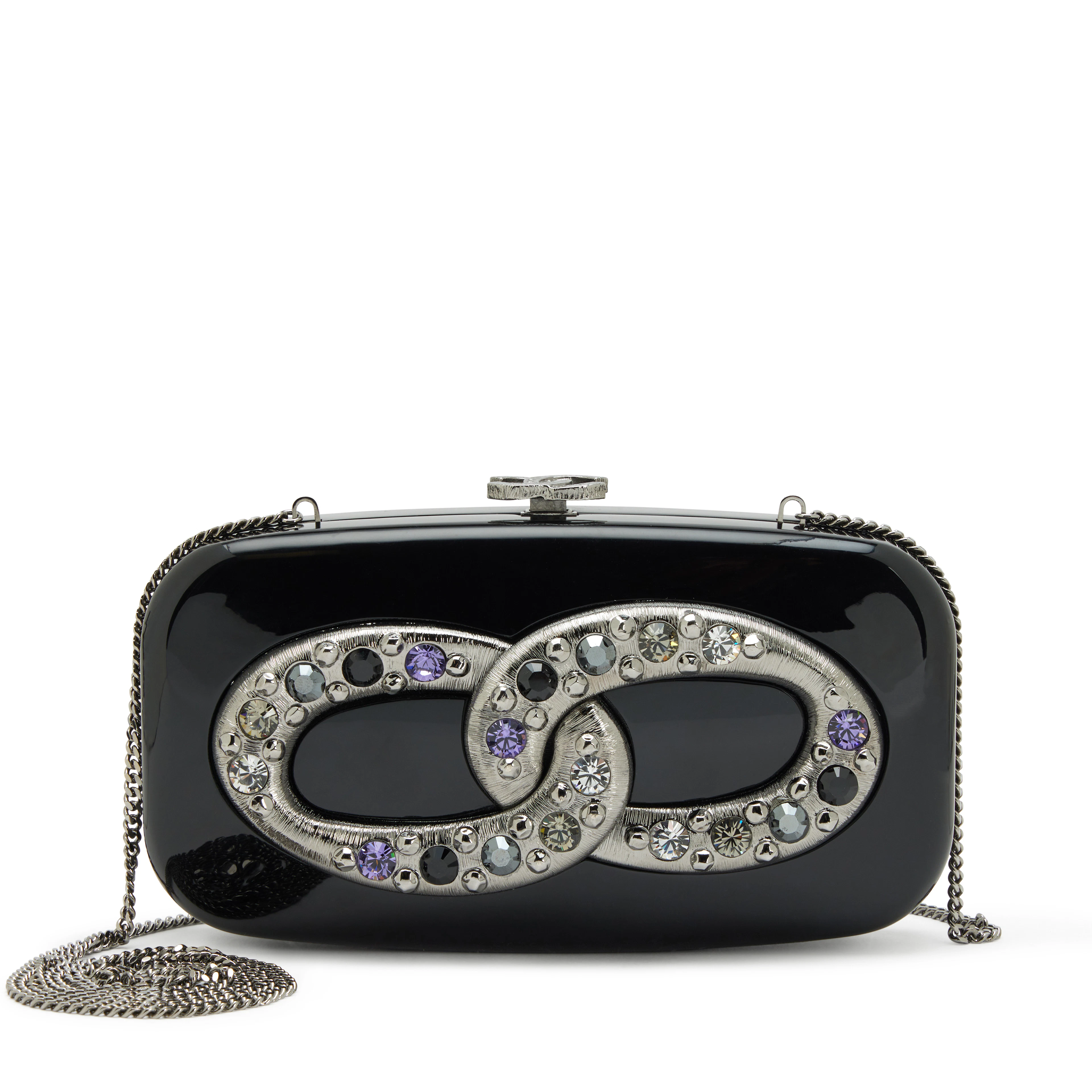Black Acrylic Multicolor Crystal Embellished Minaudière Box Clutch