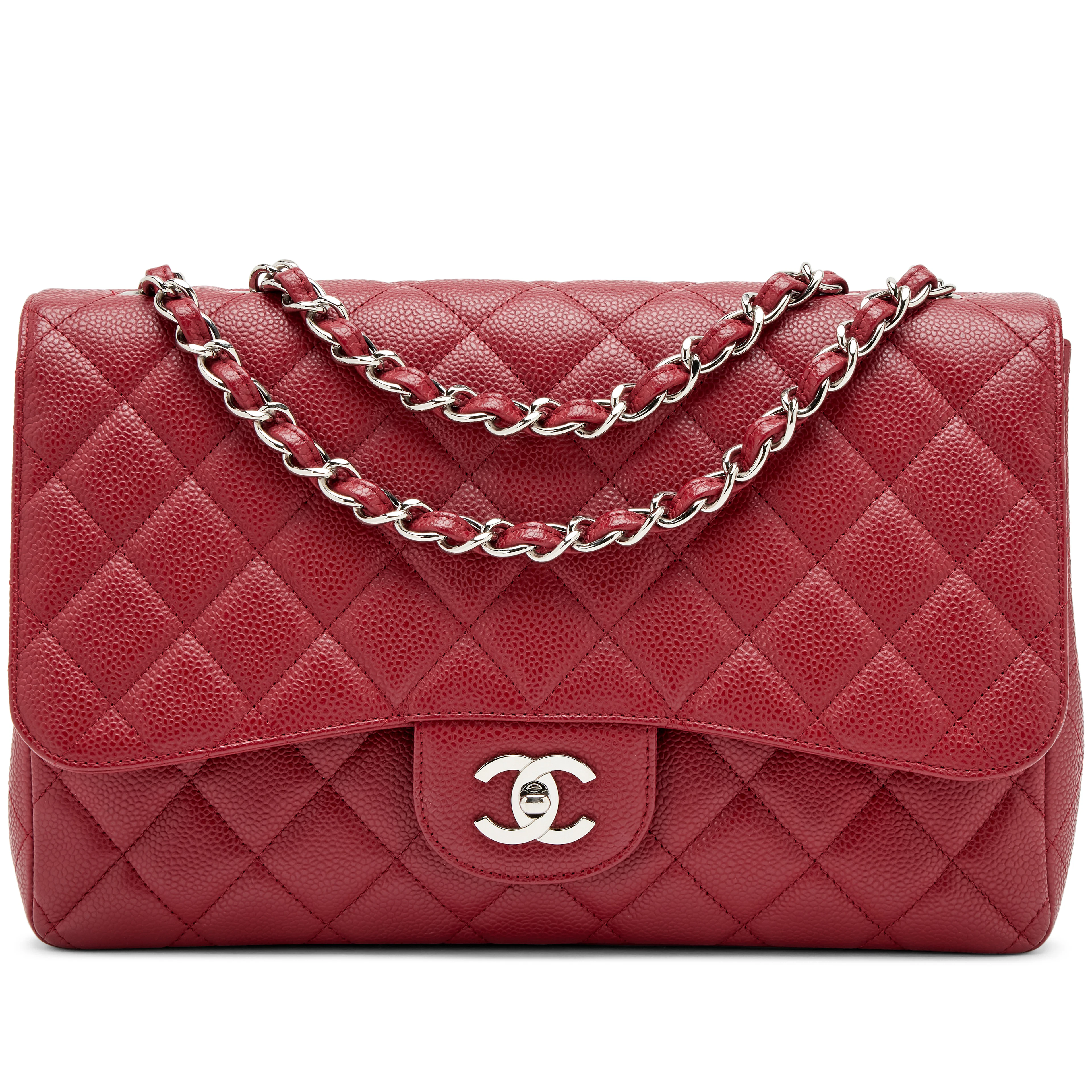 Dark Red Quilted Caviar Jumbo Classic Single Flap Bag Silver Hardware