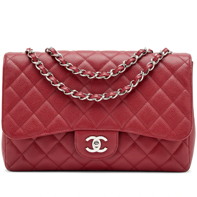 Dark Red Quilted Caviar Jumbo Classic Single Flap Bag Silver Hardware