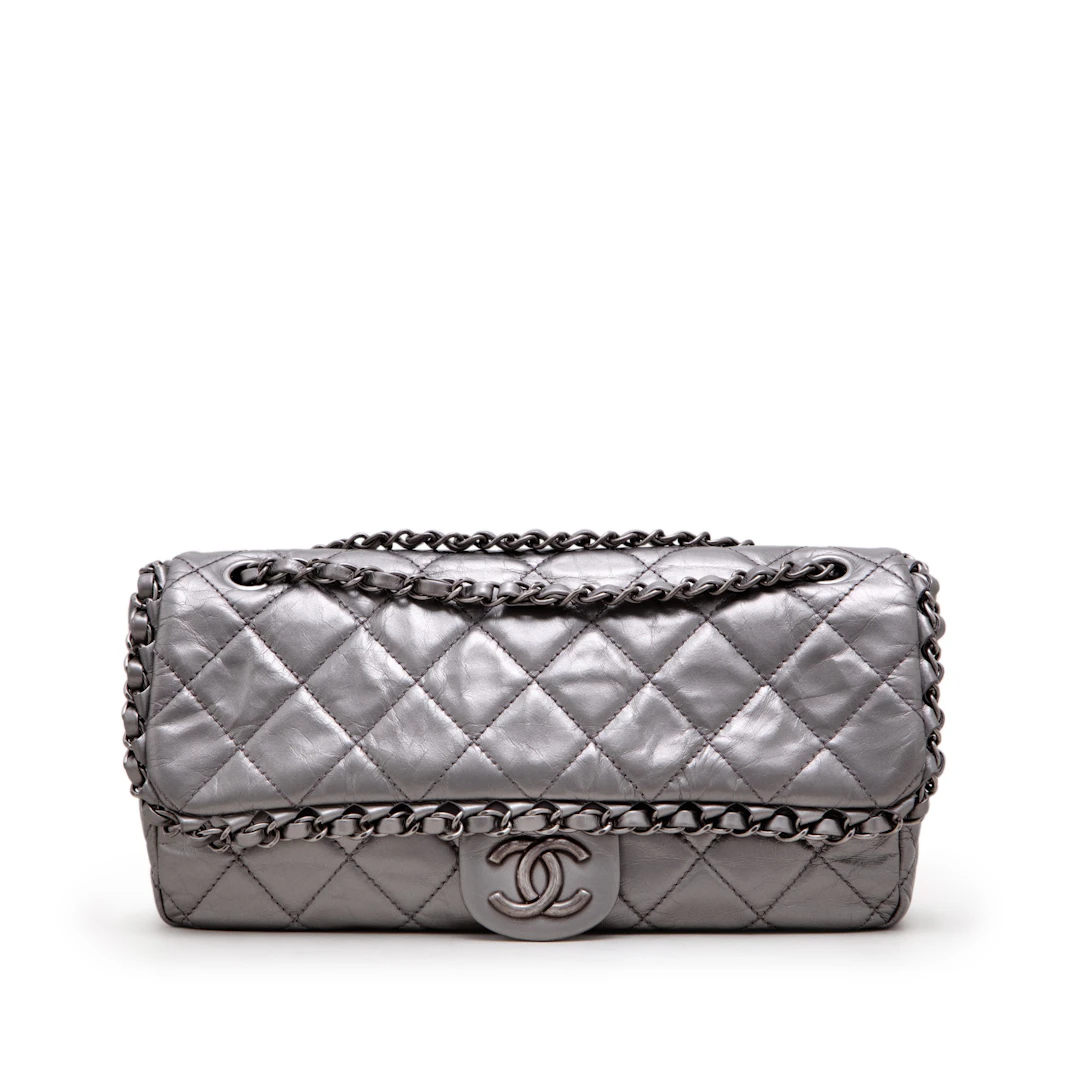 Metallic Silver Quilted Aged Calfskin Jumbo Chain Single Flap Ruthenium