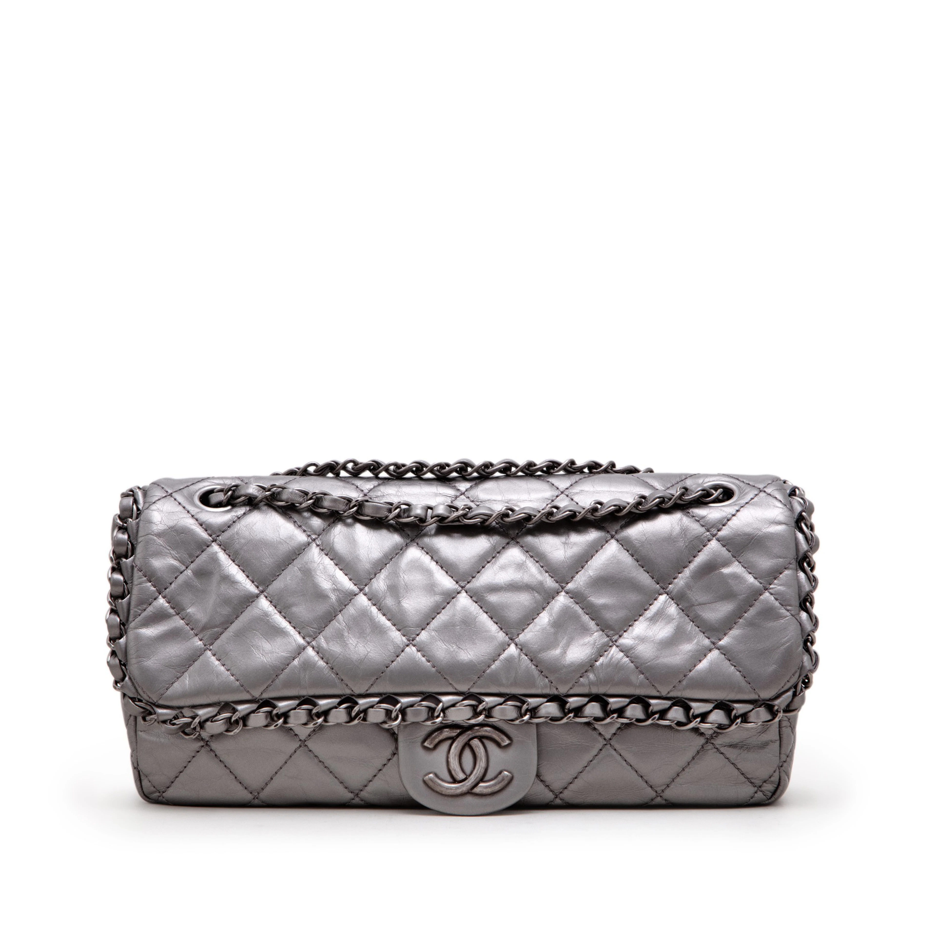 Metallic Silver Quilted Aged Calfskin Jumbo Chain Single Flap Ruthenium