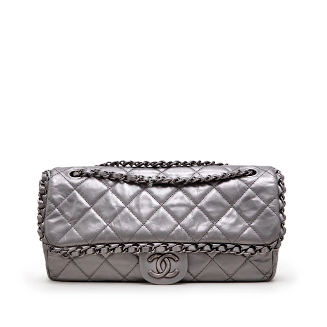Metallic Silver Quilted Aged Calfskin Jumbo Chain Single Flap Ruthenium