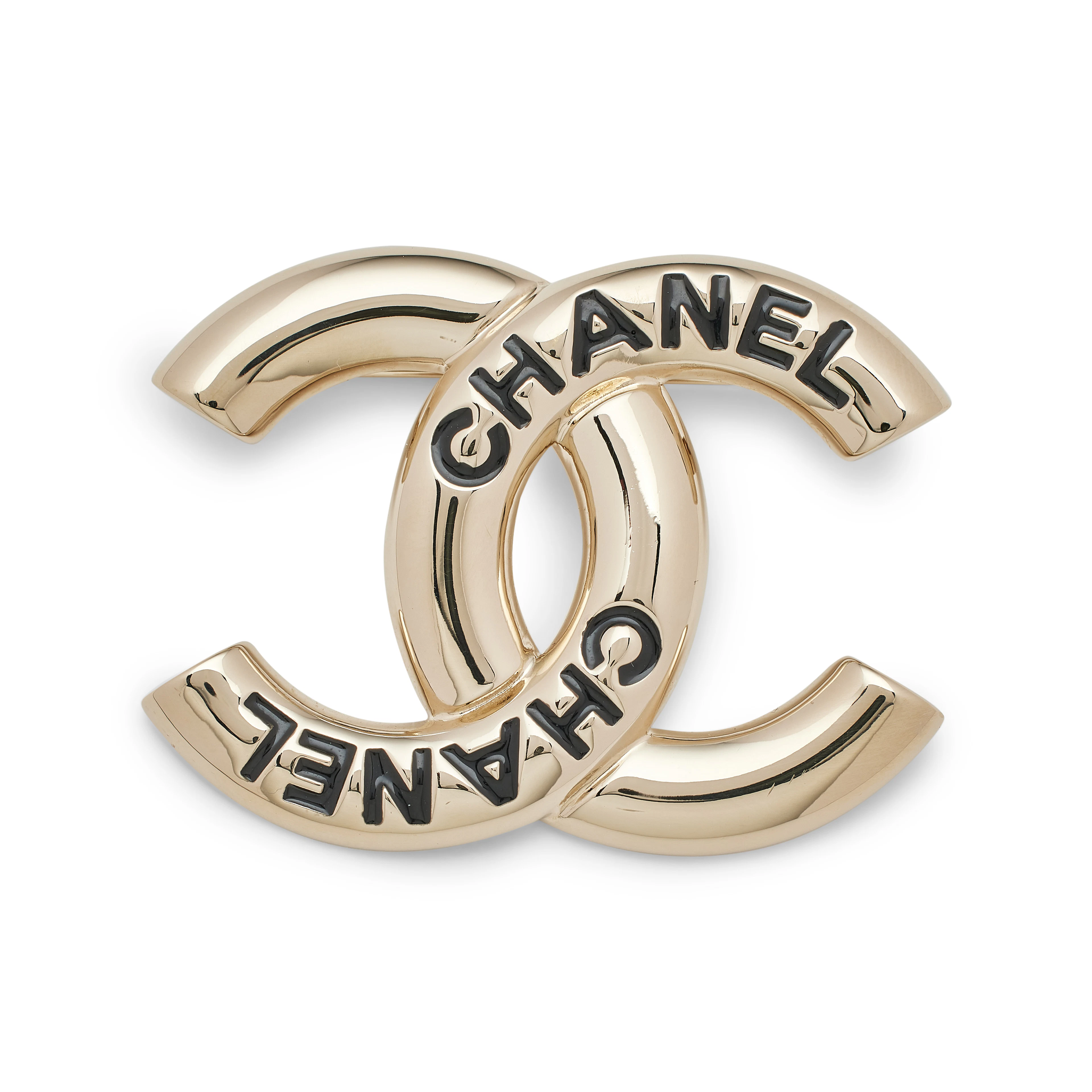 Gold Tone Metal Black Letter Script CC Brooch, 2025