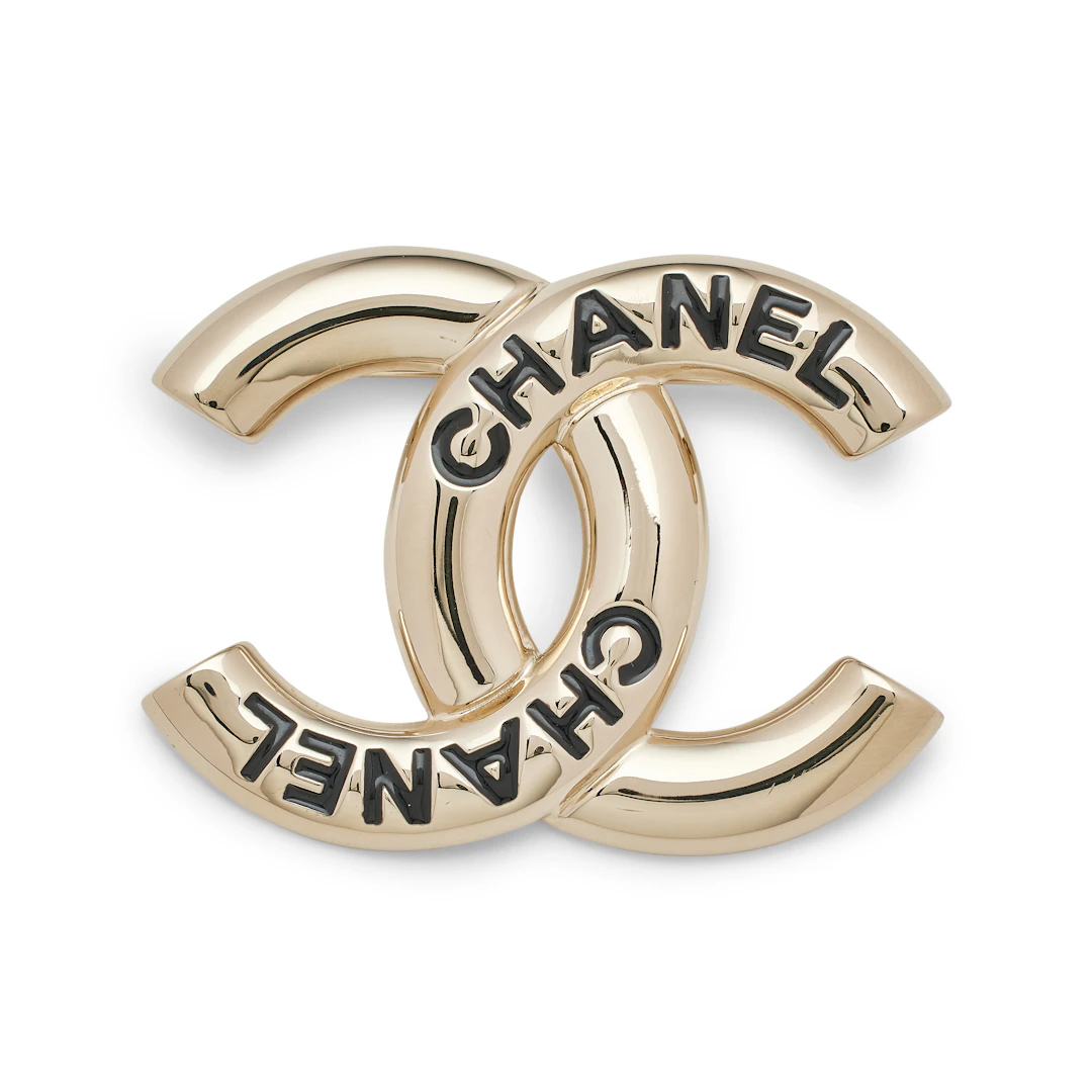 Gold Tone Metal Black Letter Script CC Brooch, 2025