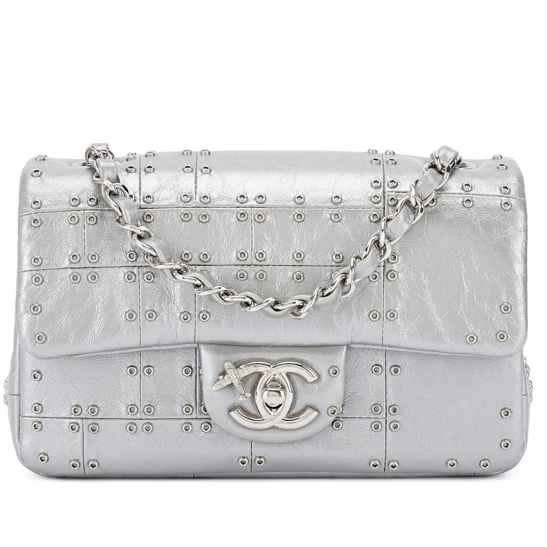Silver Aged Calfskin Grommet Airline Mini Flap Bag Silver Hardware, 2016