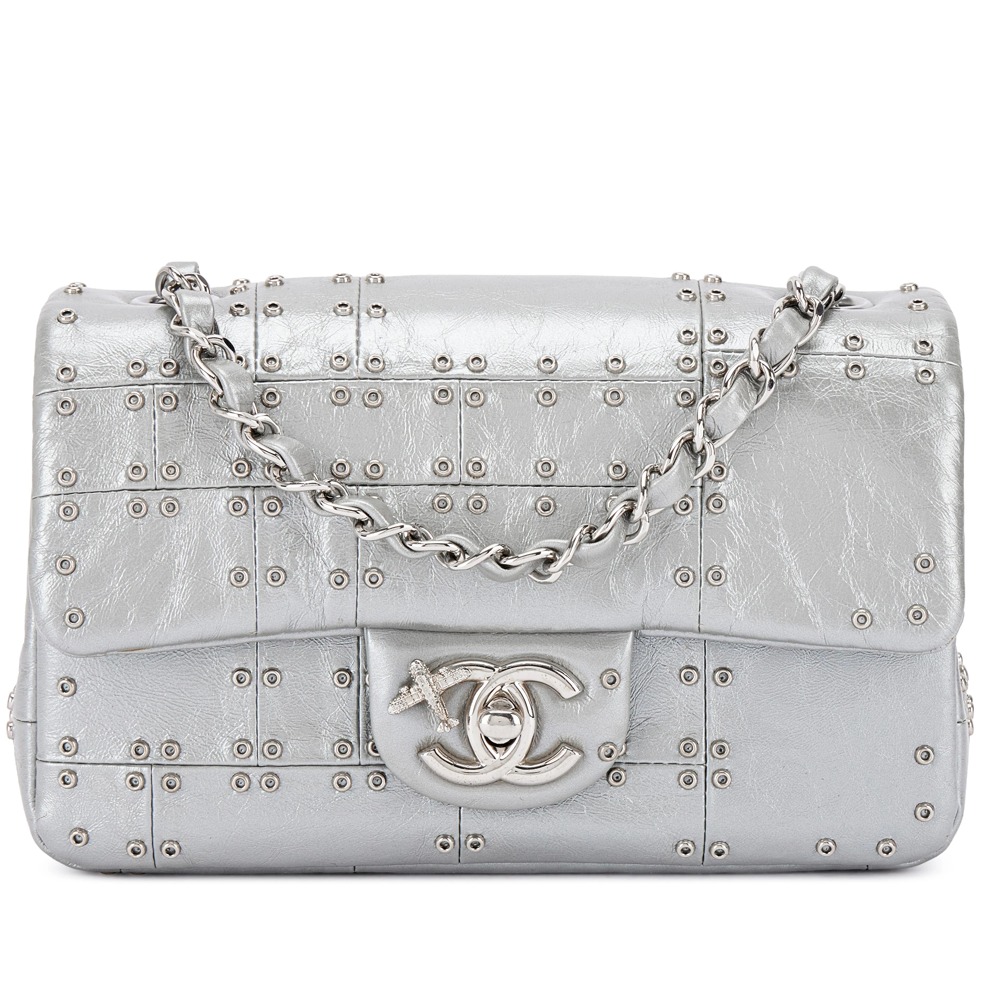 Silver Aged Calfskin Grommet Airline Mini Flap Bag Silver Hardware, 2016
