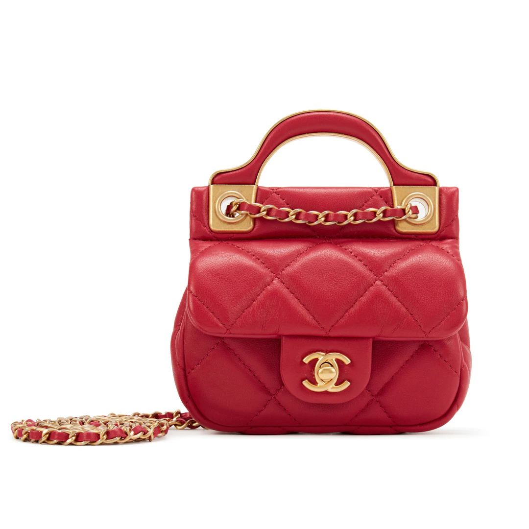 Pink Quilted Calfskin Flap Card Holder with Chain Gold Hardware, 2021