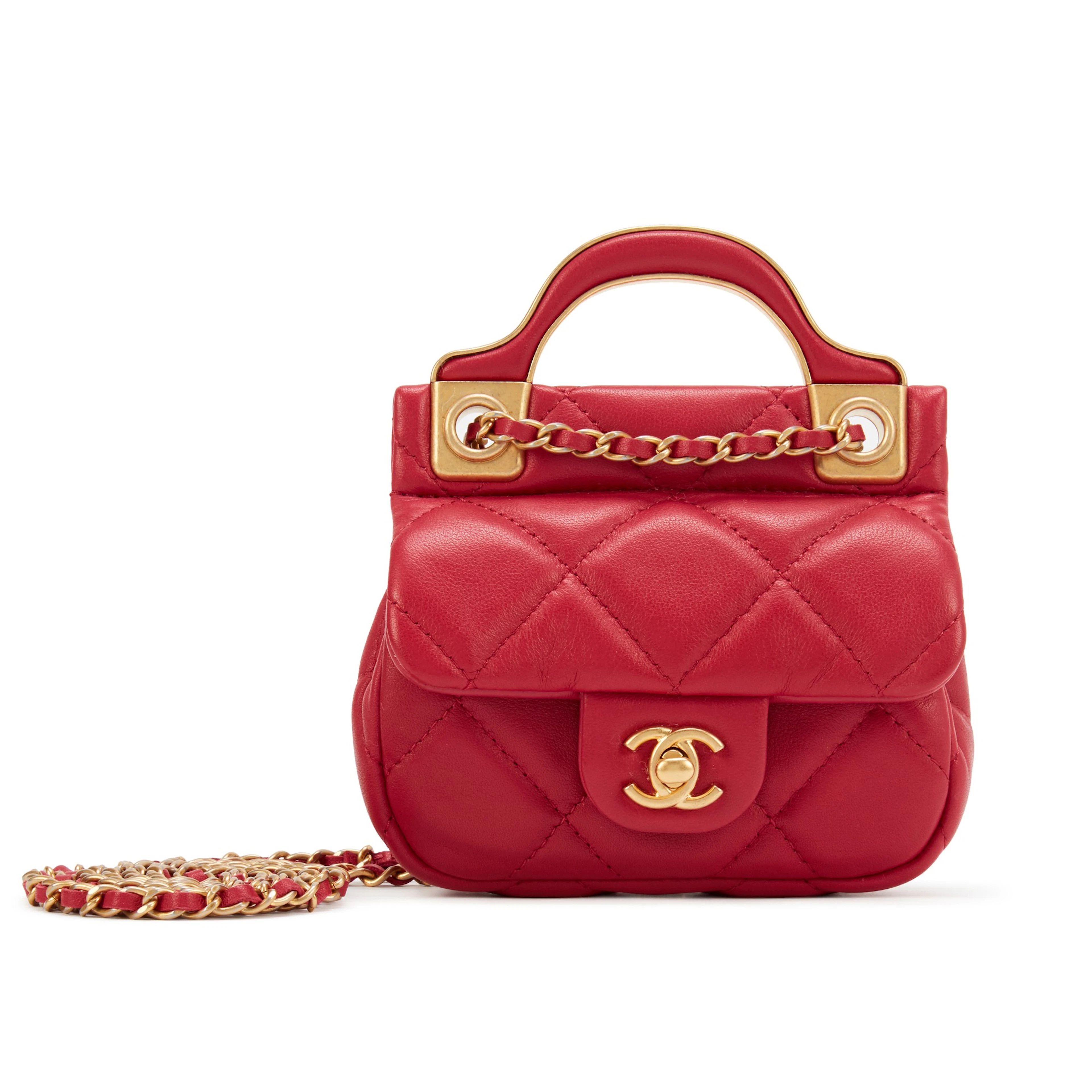 Pink Quilted Calfskin Flap Card Holder with Chain Gold Hardware, 2021