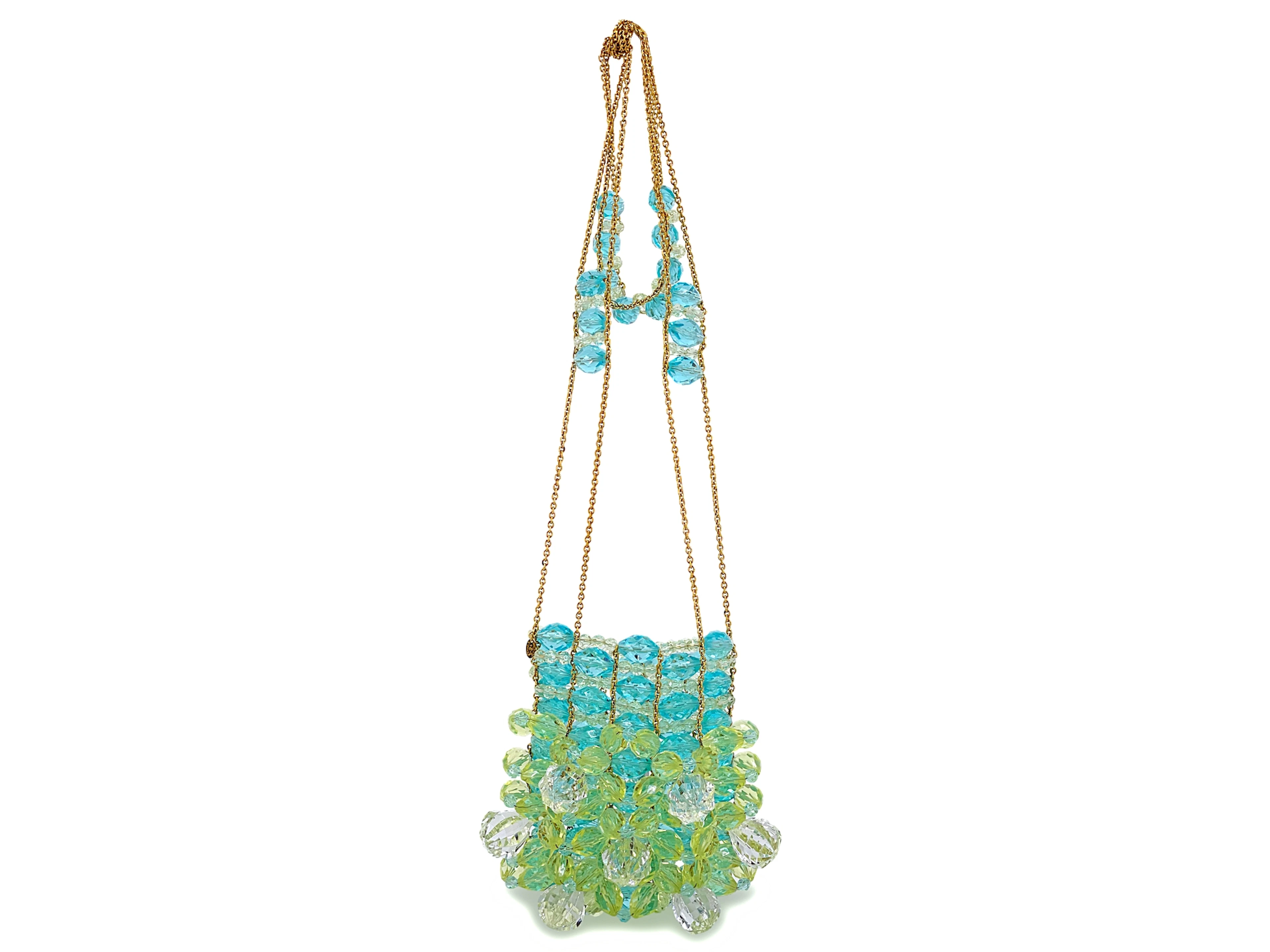 Vintage Blue and Green Lucite Crystal Beaded Evening Bag Gold Hardware, 1997