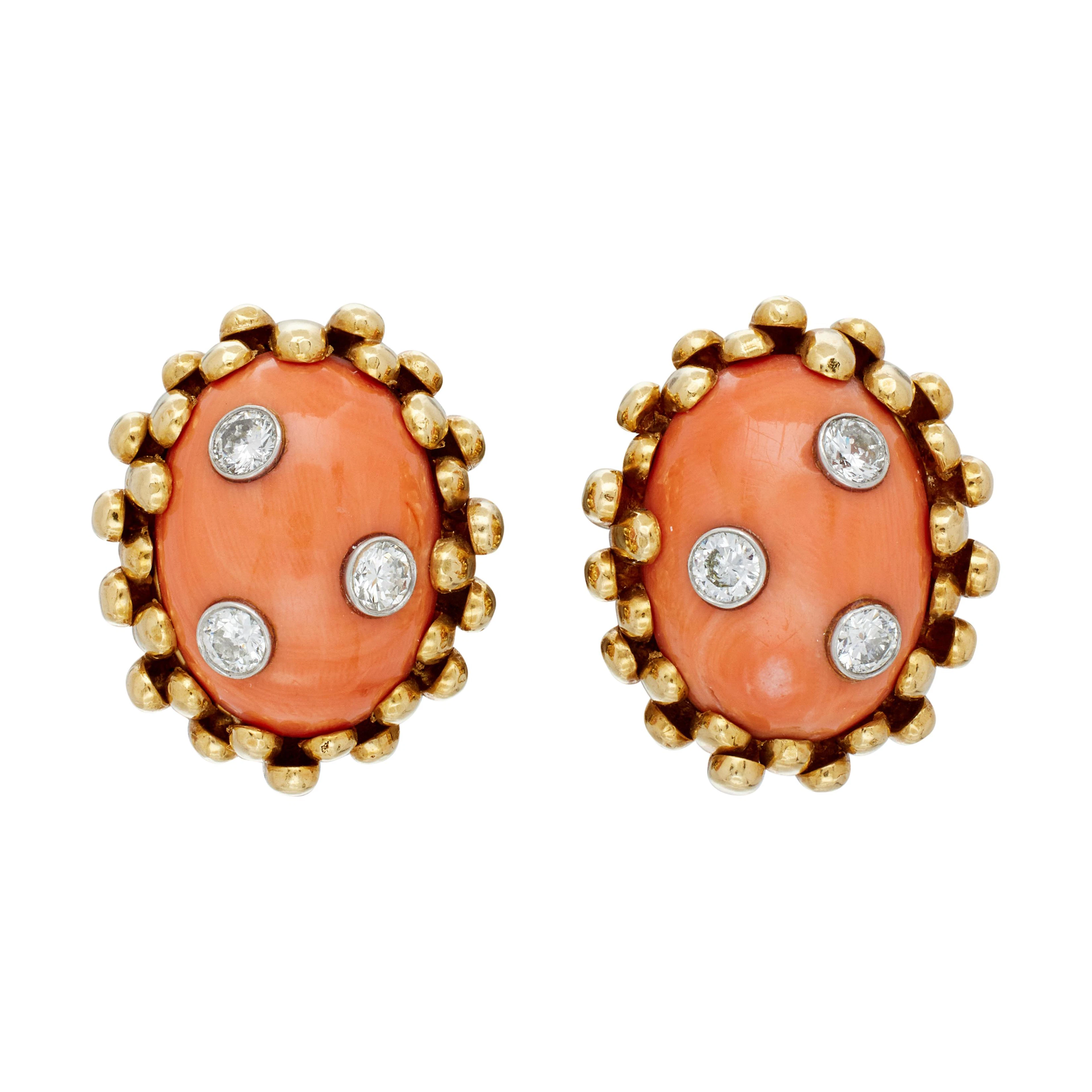 Vintage Gold, White Gold, Coral and Diamond Earclips
