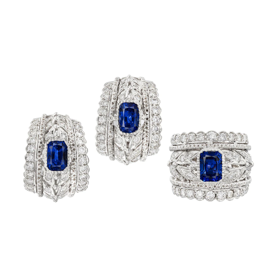 White Gold, Ceylon Sapphire and Diamond Ring and Earclips Set