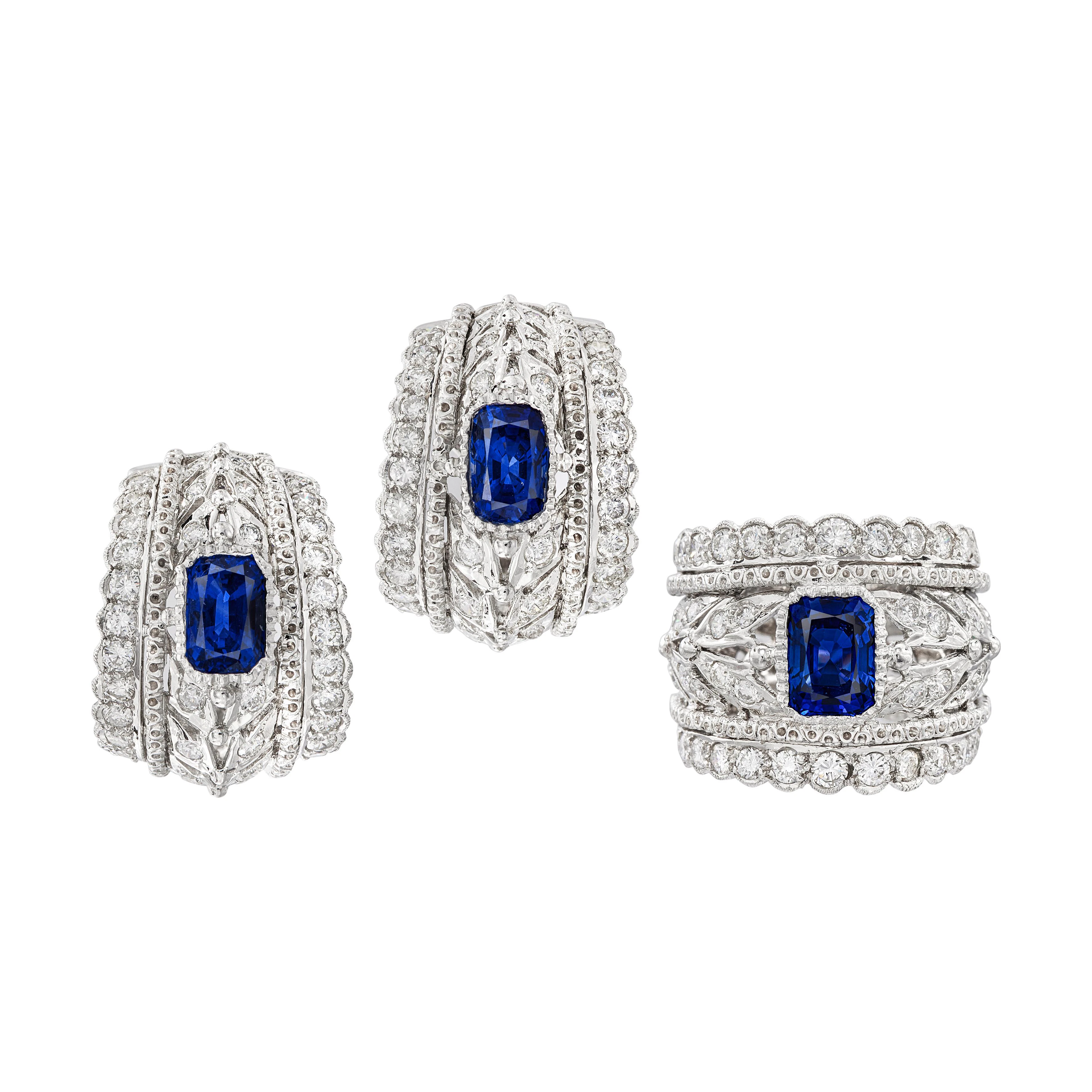 White Gold, Ceylon Sapphire and Diamond Ring and Earclips Set