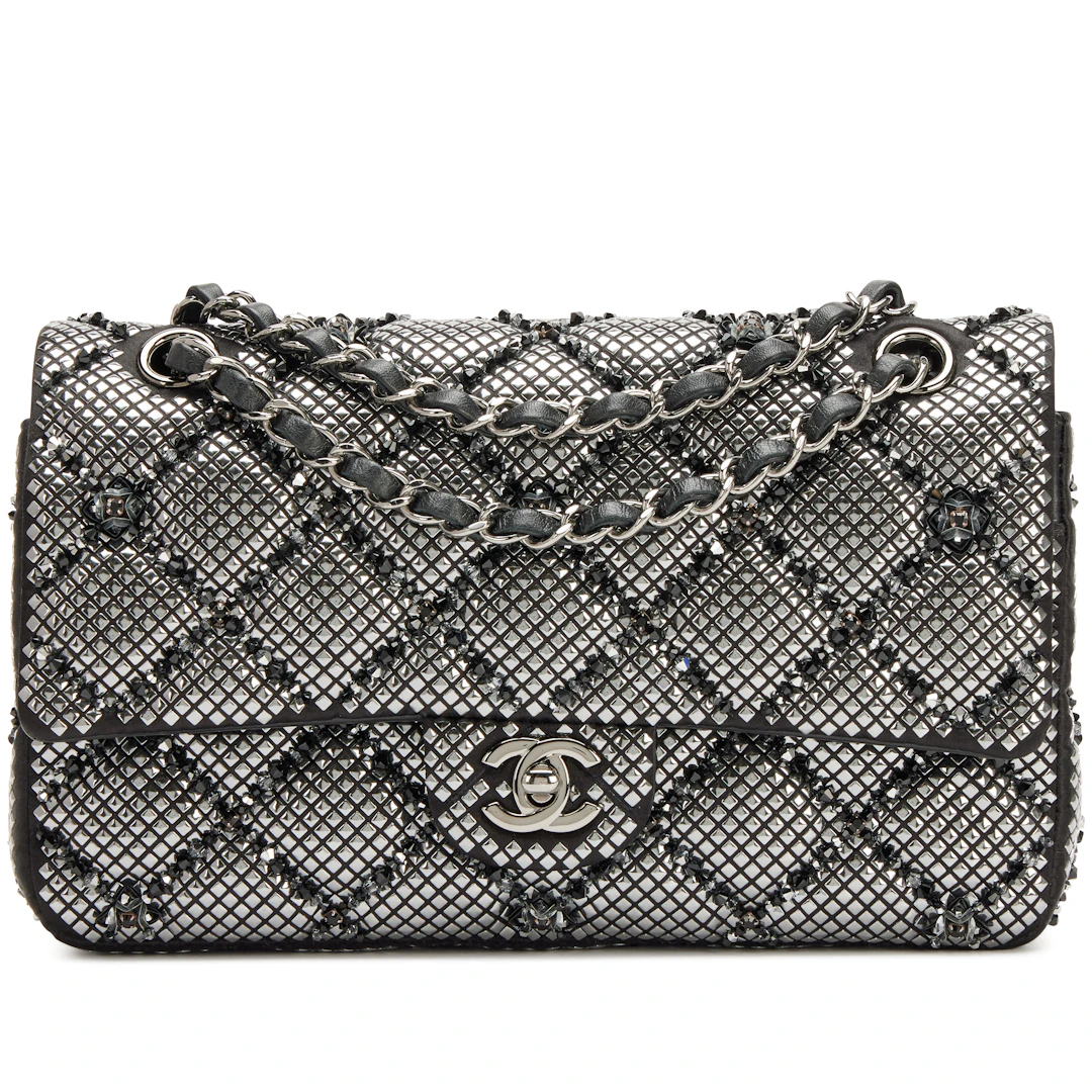 Black Quilted Satin Strass Embellished Beaded Classic Medium Double