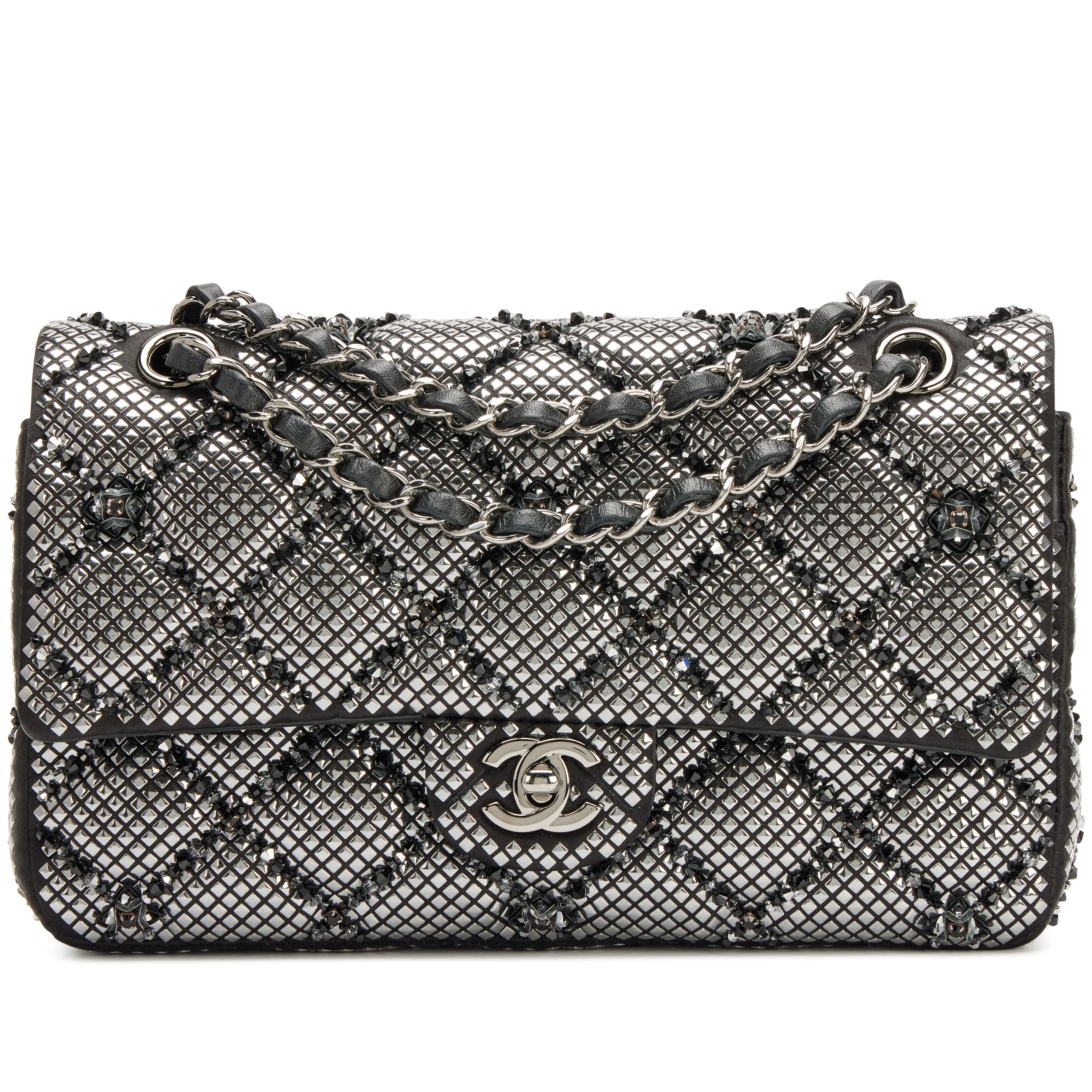 Black Quilted Satin Strass Embellished Beaded Classic Medium Double