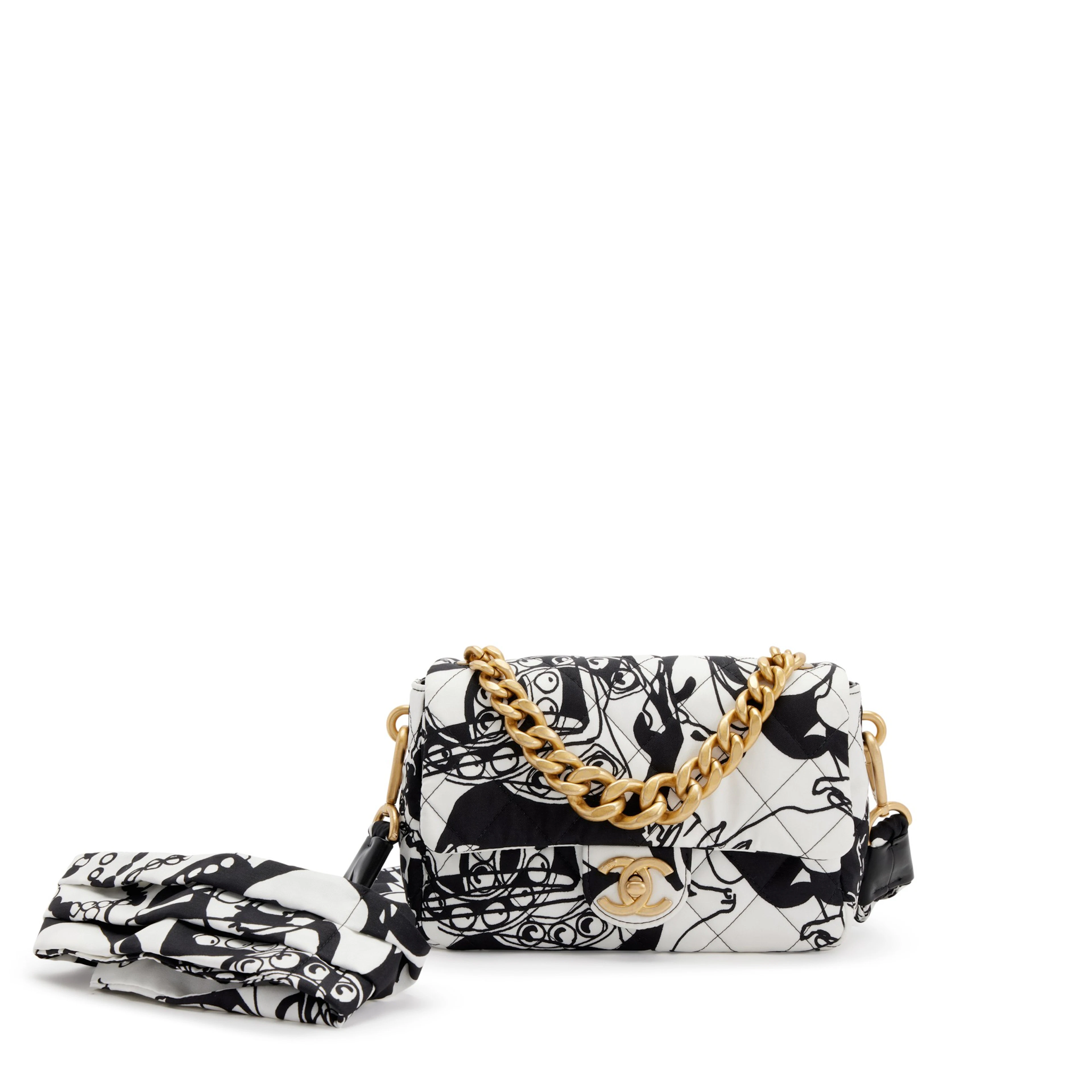 Black and White Quilted Printed Fabric Mini Flap Gold Hardware, 2022