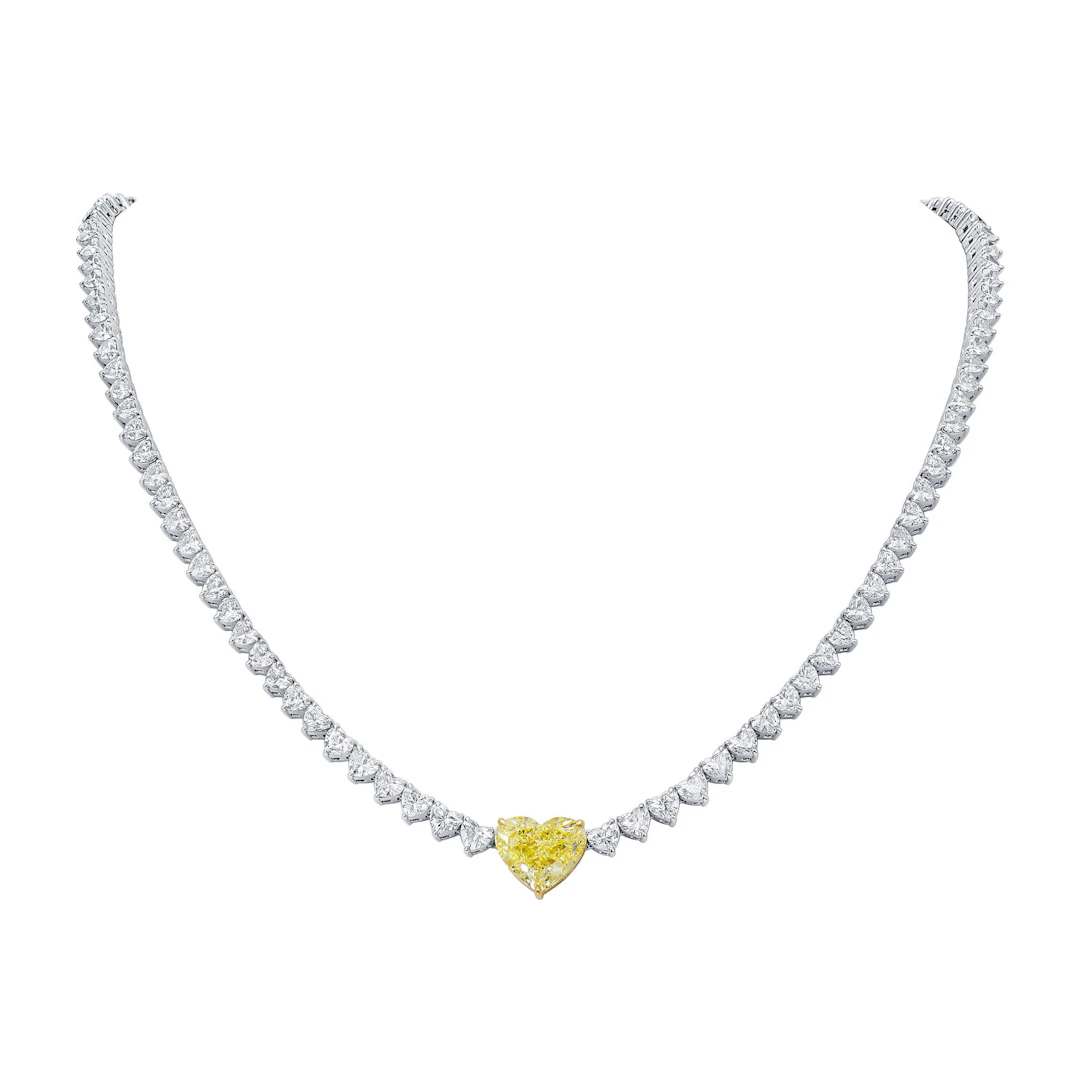 White Gold, Gold, 3.82ct Heart Shape Fancy Yellow Diamond and Diamond Necklace