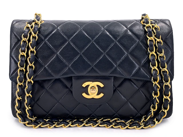 Vintage Black Quilted Lambskin Small Classic Double Flap Bag Gold