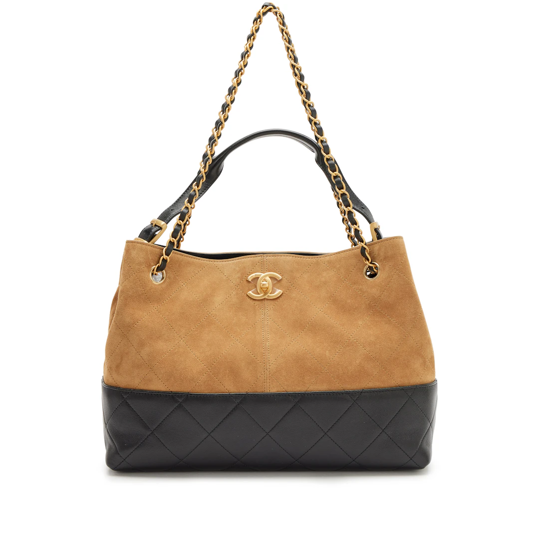 Beige Suede Calfskin and Black Lambskin Quilted Small Shopping Bag