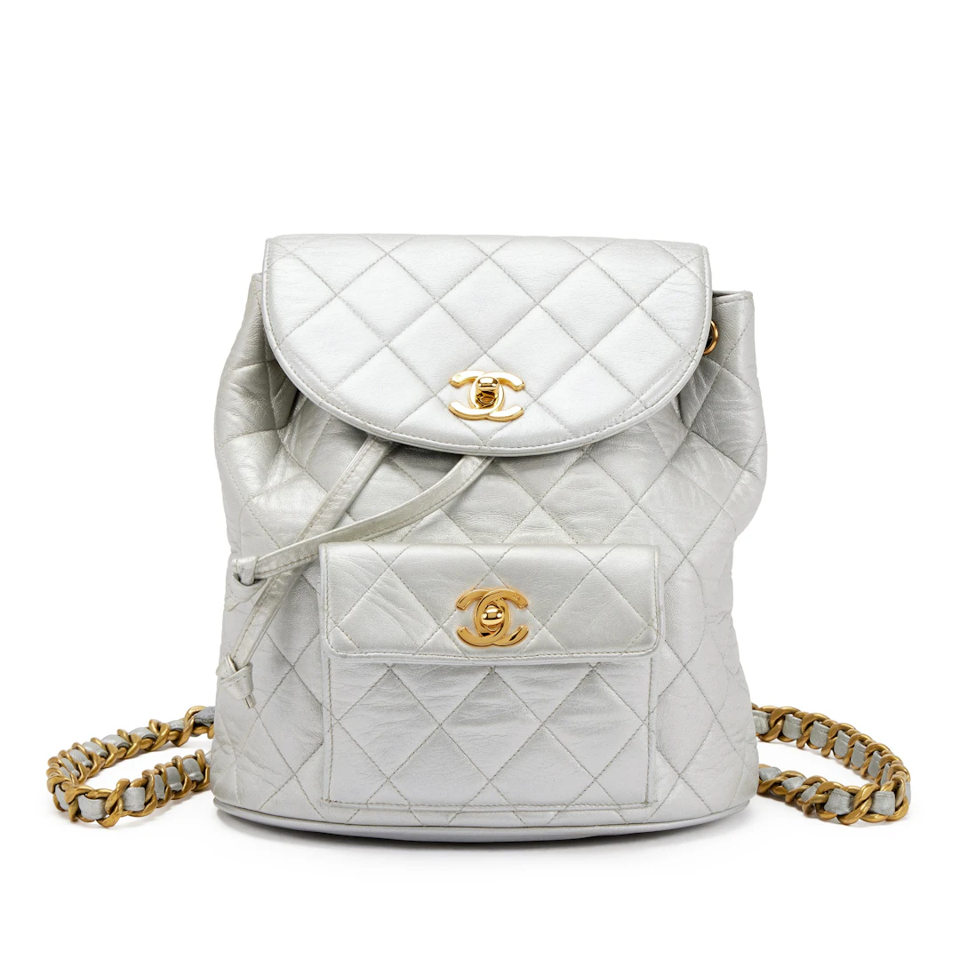 Silver Quilted Lambskin Medium Timeless CC Duma Backpack Gold Hardware