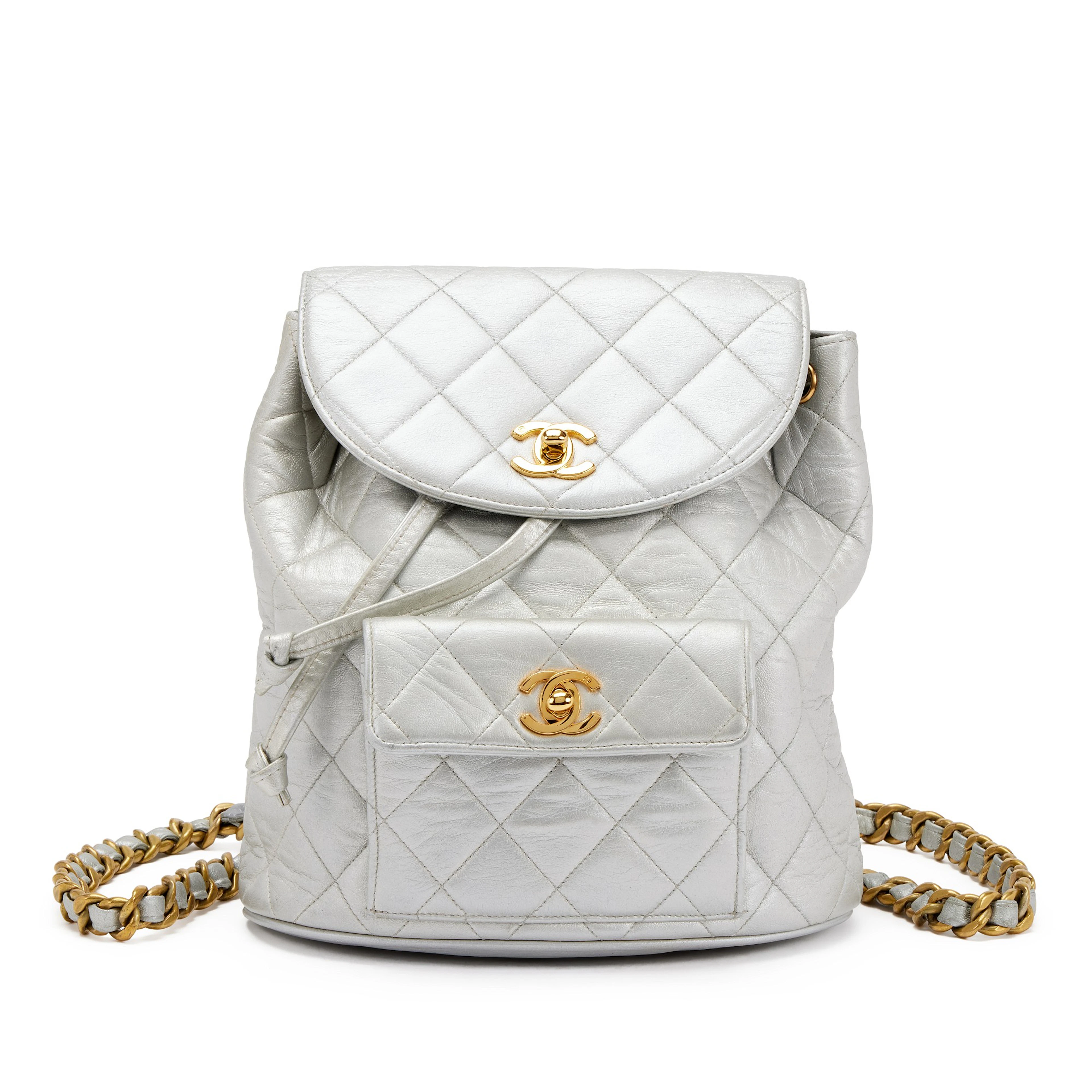 Silver Quilted Lambskin Medium Timeless CC Duma Backpack Gold Hardware