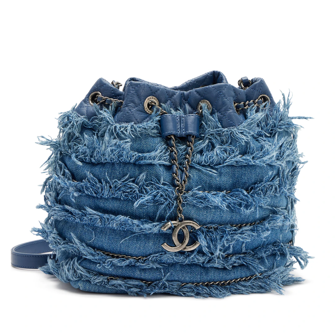 Blue Fringe Denim Paris-Salzburg Edelweiss Bucket Bag Ruthenium Hardware
