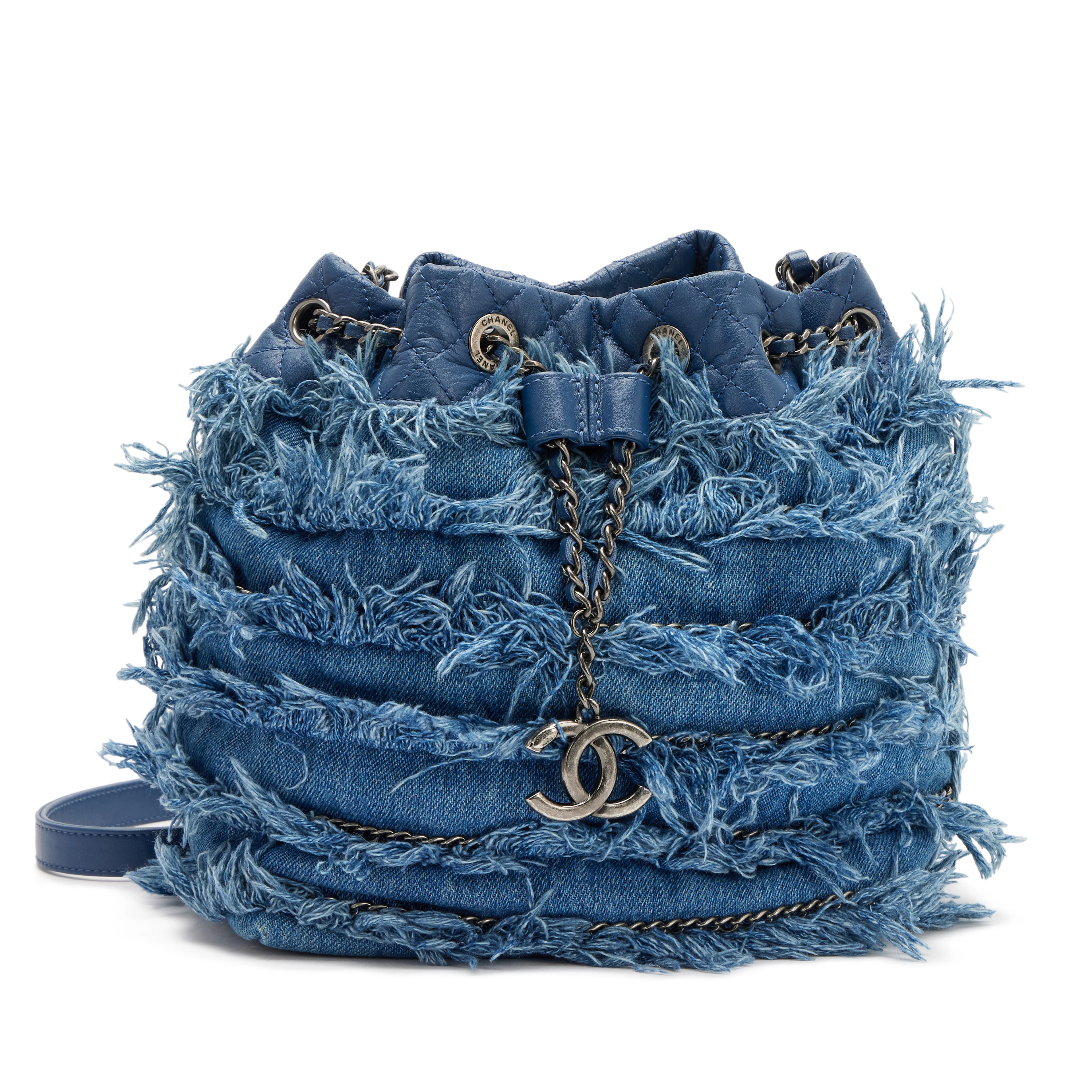 Blue Fringe Denim Paris-Salzburg Edelweiss Bucket Bag Ruthenium Hardware