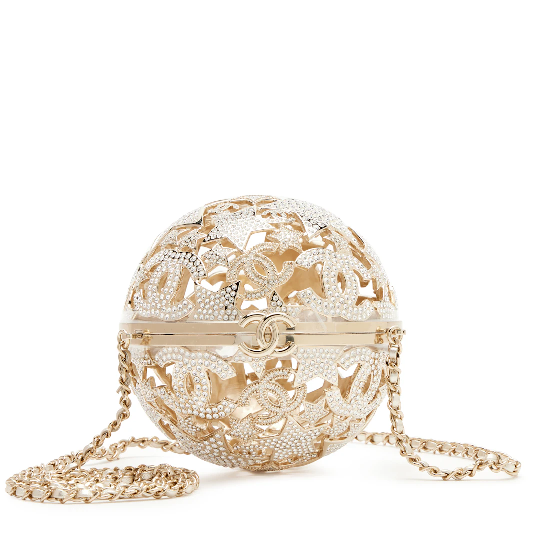 Gold Metal Strass Crystal Sphere Minaudiere Clutch Gold Hardware, 2025