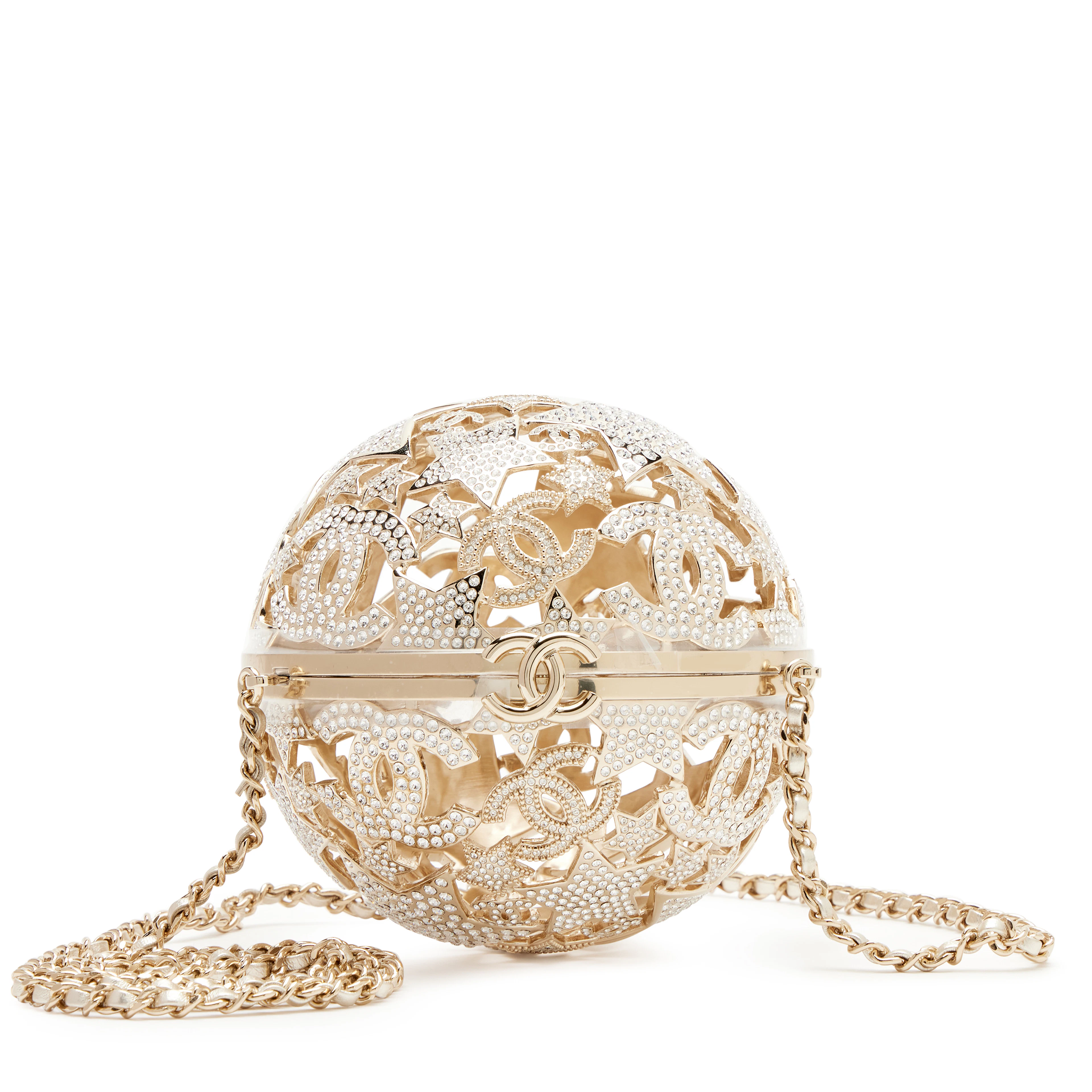Gold Metal Strass Crystal Sphere Minaudiere Clutch Gold Hardware, 2025