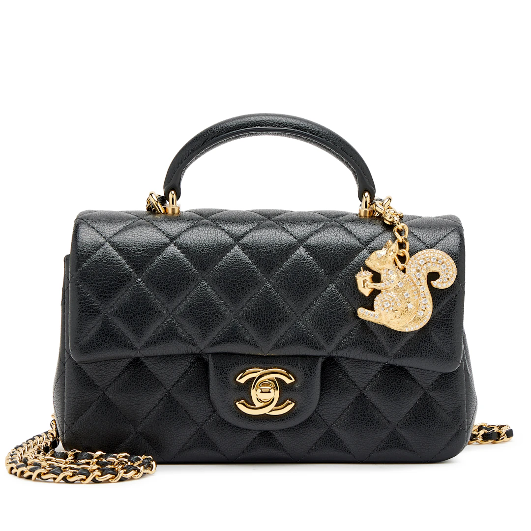 Black Quilted Grained Calfskin Mini Flap Bag with Top Handle and Crystal