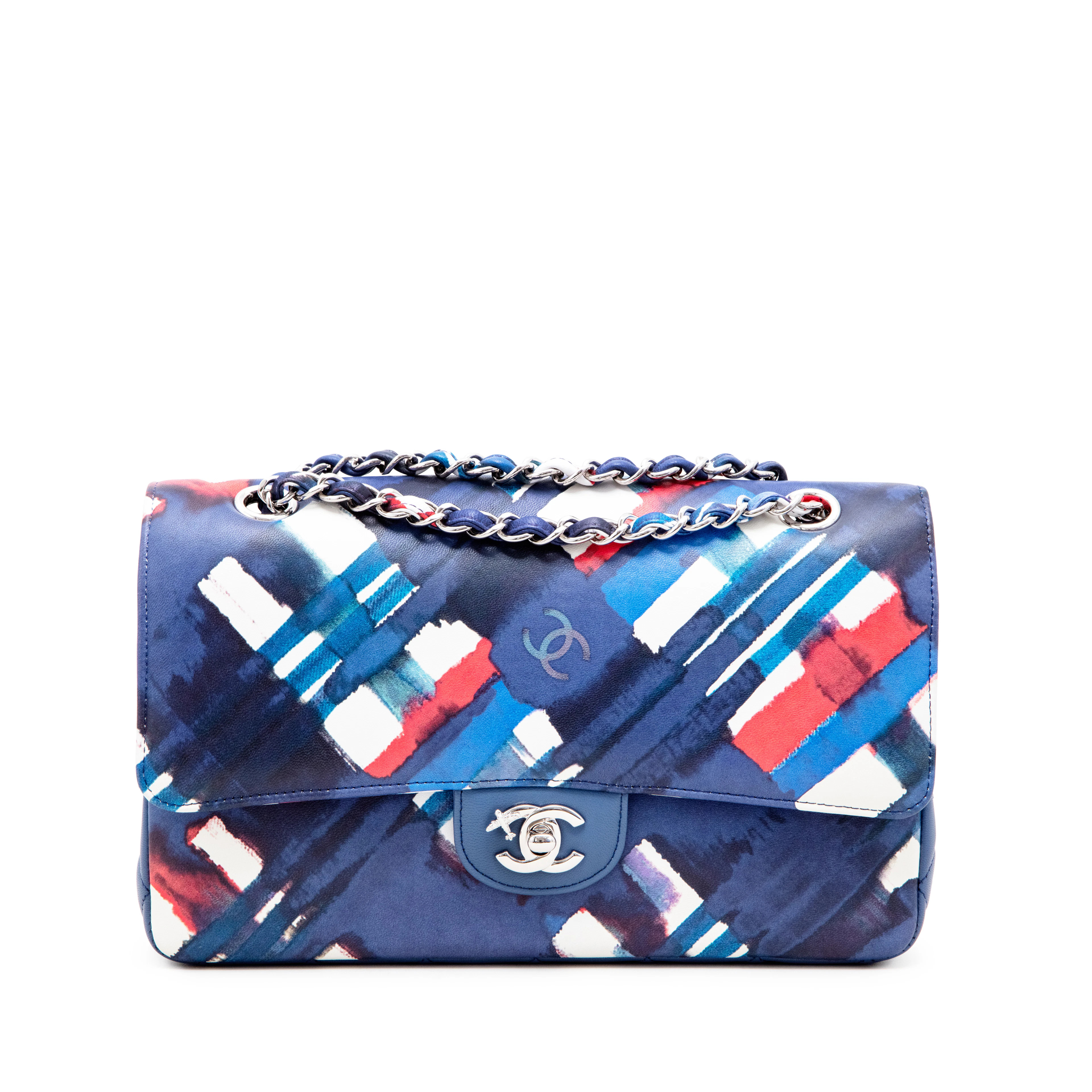 Blue Multicolor Airline Printed Lambskin Medium Double Flap Bag Silver