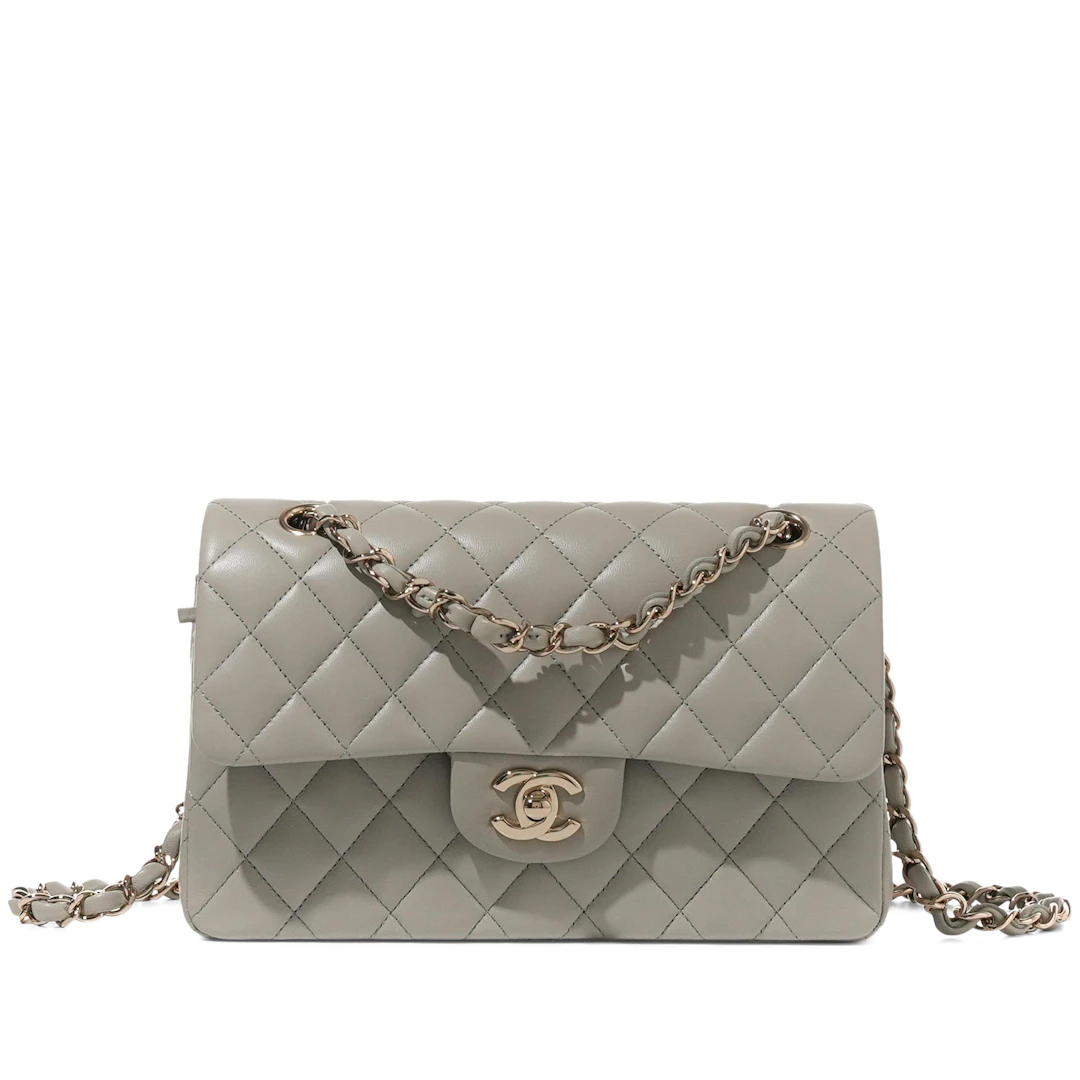 Grey Quilted Lambskin Small Timeless Double Flap Gold Hardware, 2021