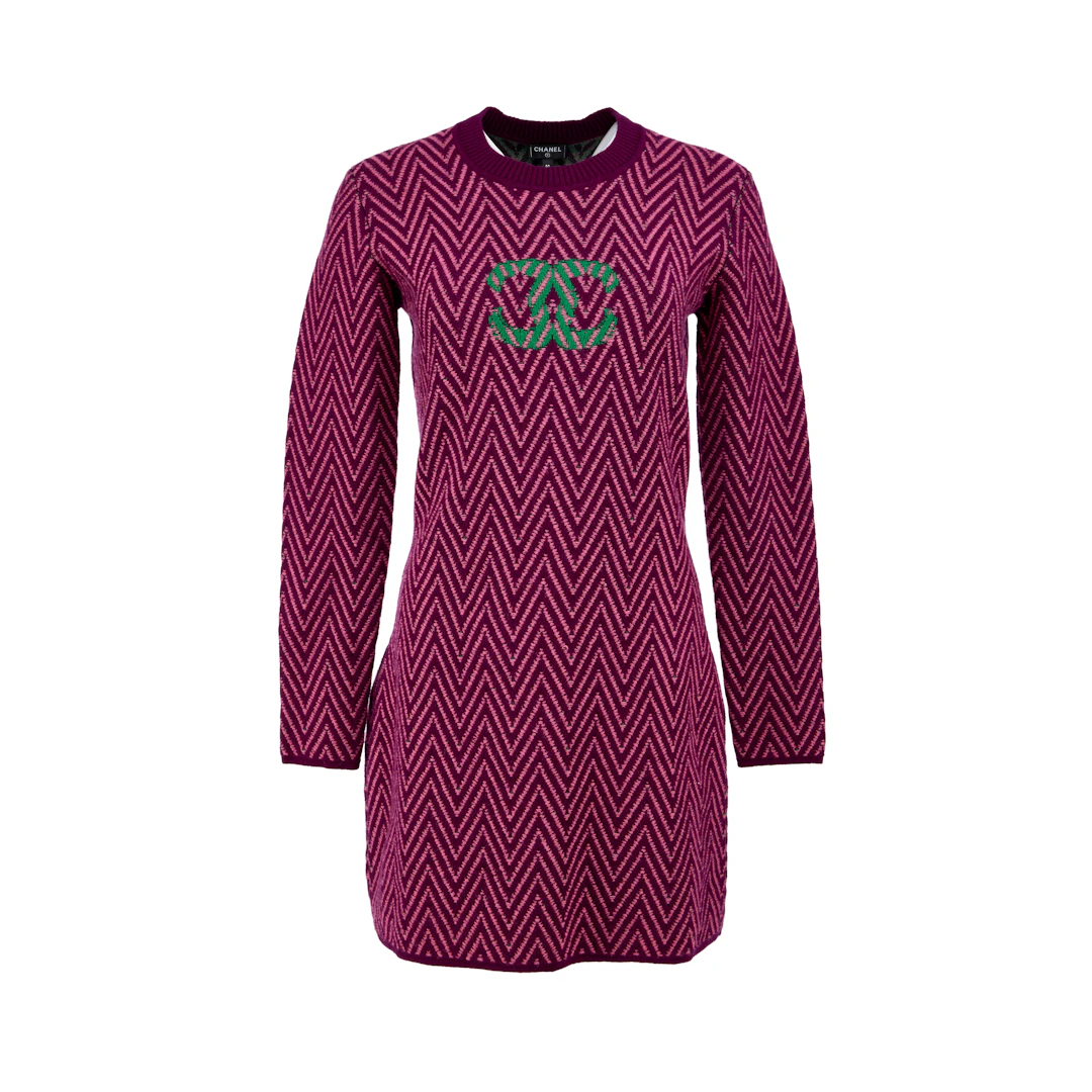 Burgundy, Pink, and Green Chevron CC Cashmere Knit Dress, 2021