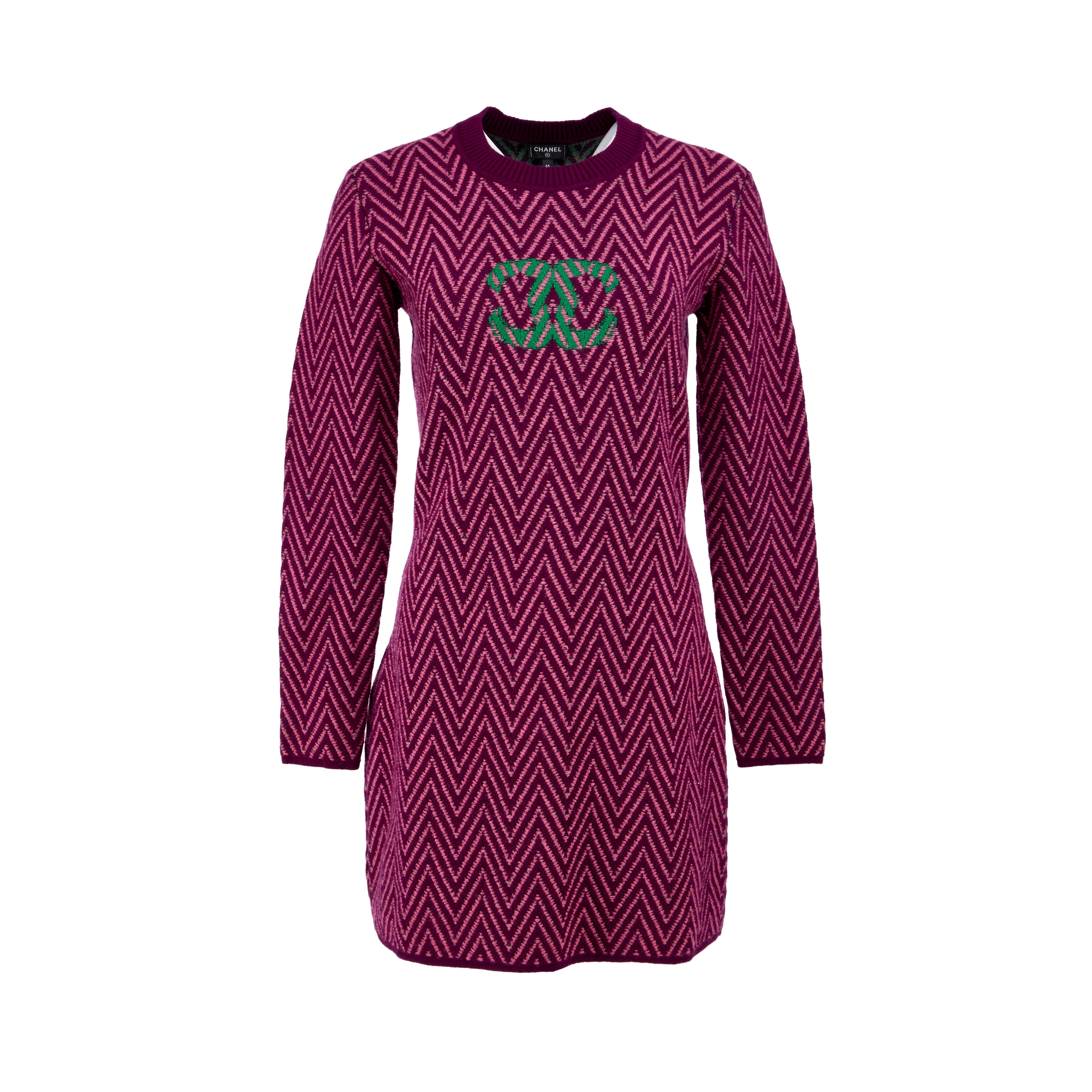 Burgundy, Pink, and Green Chevron CC Cashmere Knit Dress, 2021