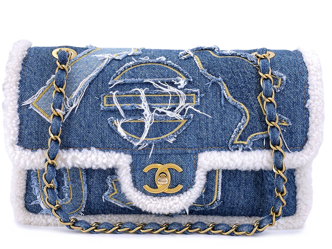 Blue Denim, White Shearling Paris-New York Hieroglyph Maxi Flap Bag