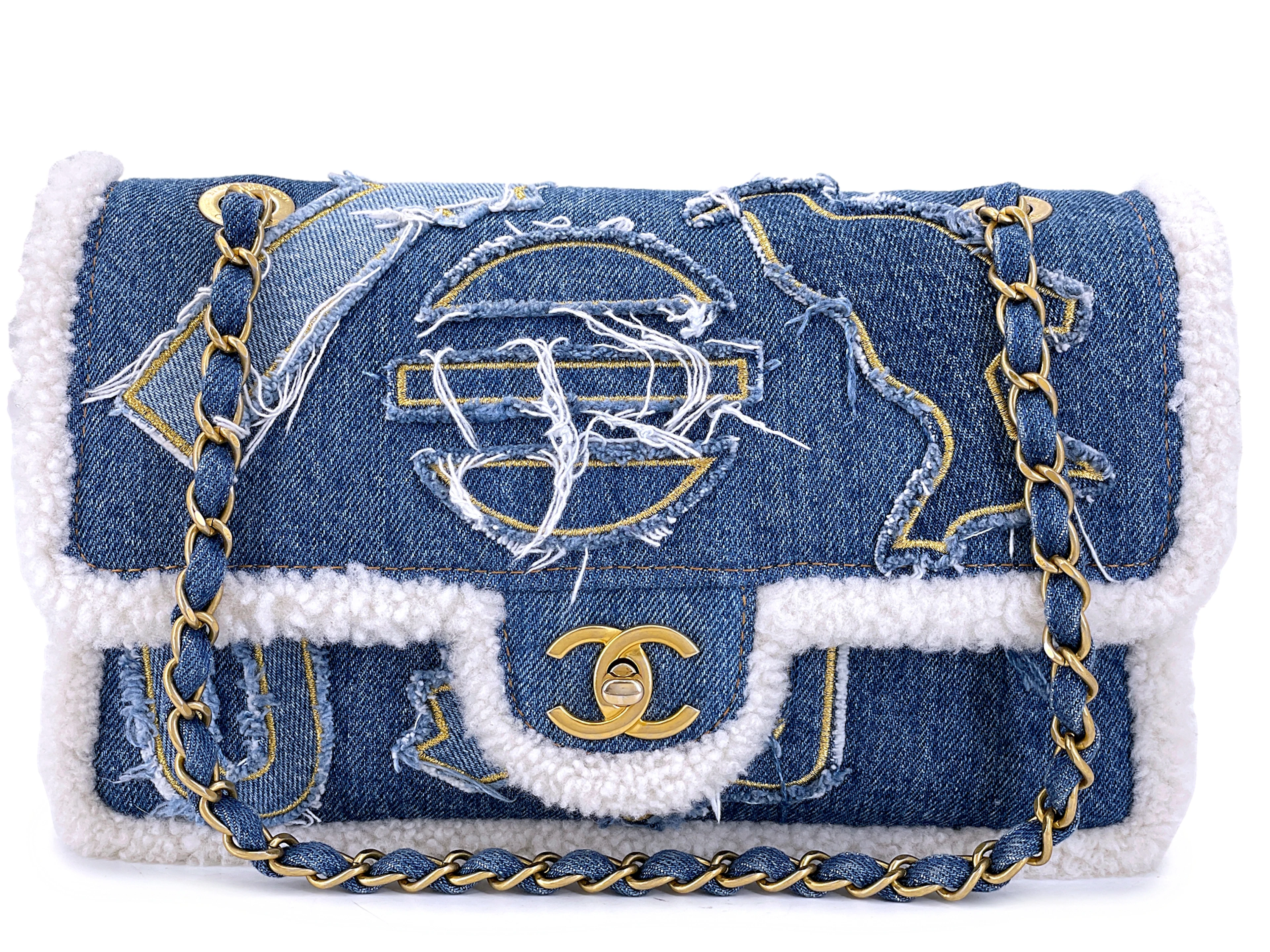 Blue Denim, White Shearling Paris-New York Hieroglyph Maxi Flap Bag