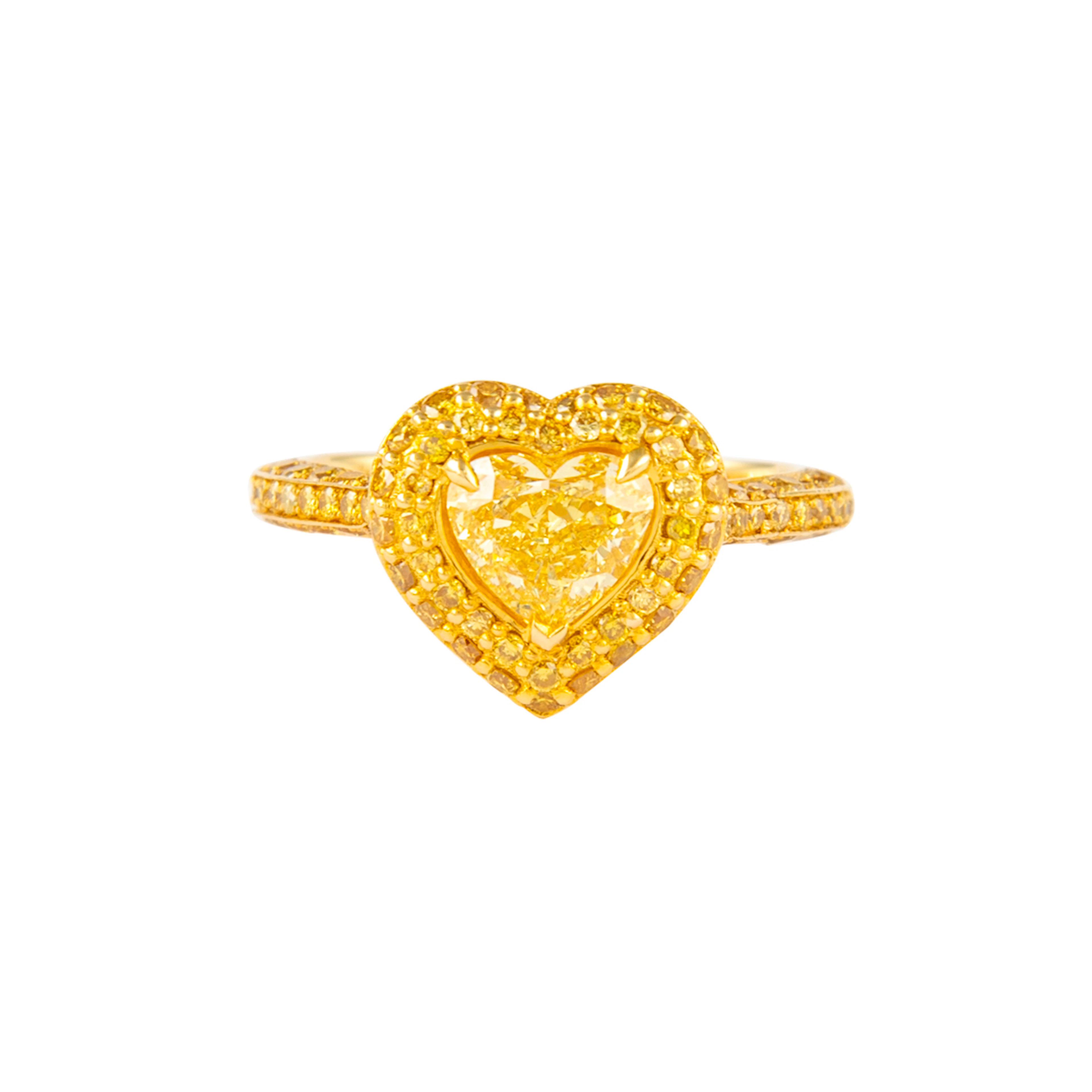 Gold and 0.90ct Heart Shape Fancy Intense Yellow Diamond Ring