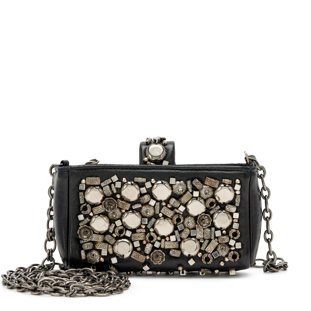 Black Lambskin and Silver Studded Paris-Bombay Mini Pouch Bag Ruthenium
