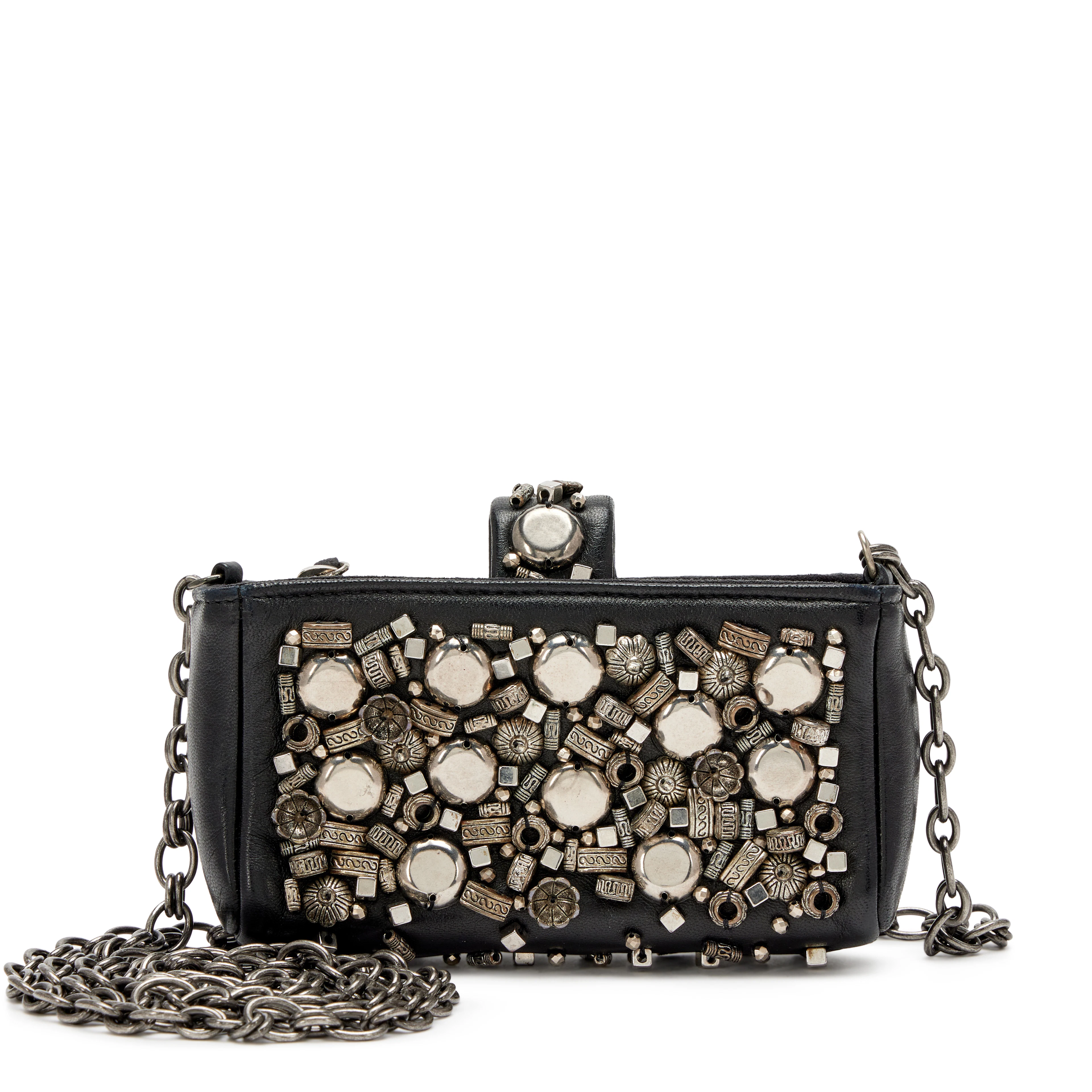 Black Lambskin and Silver Studded Paris-Bombay Mini Pouch Bag Ruthenium
