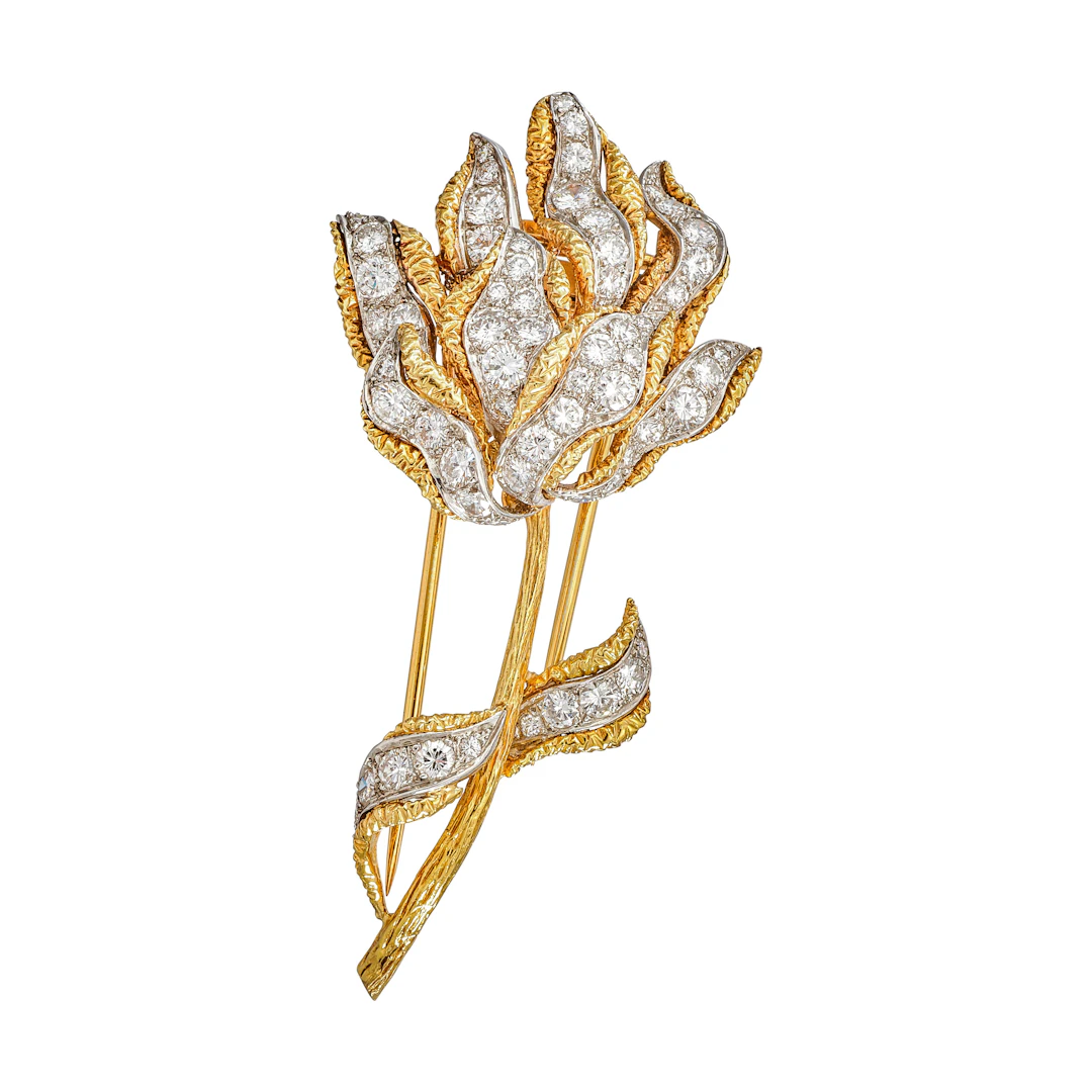 Vintage Gold, Platinum and Diamond Flower Brooch