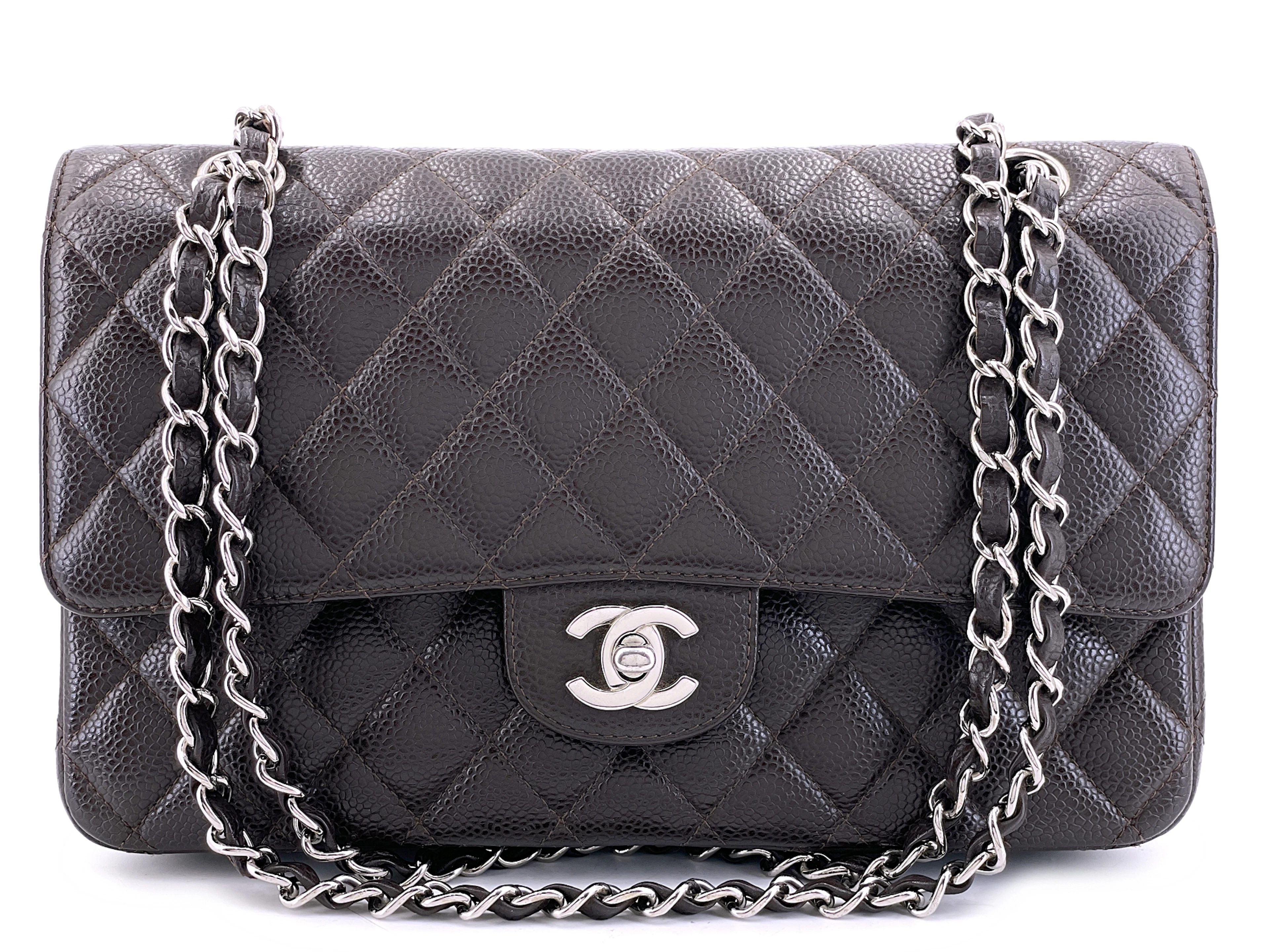 Dark Brown Quilted Caviar Medium Classic Double Flap Bag Silver Hardware, 2007