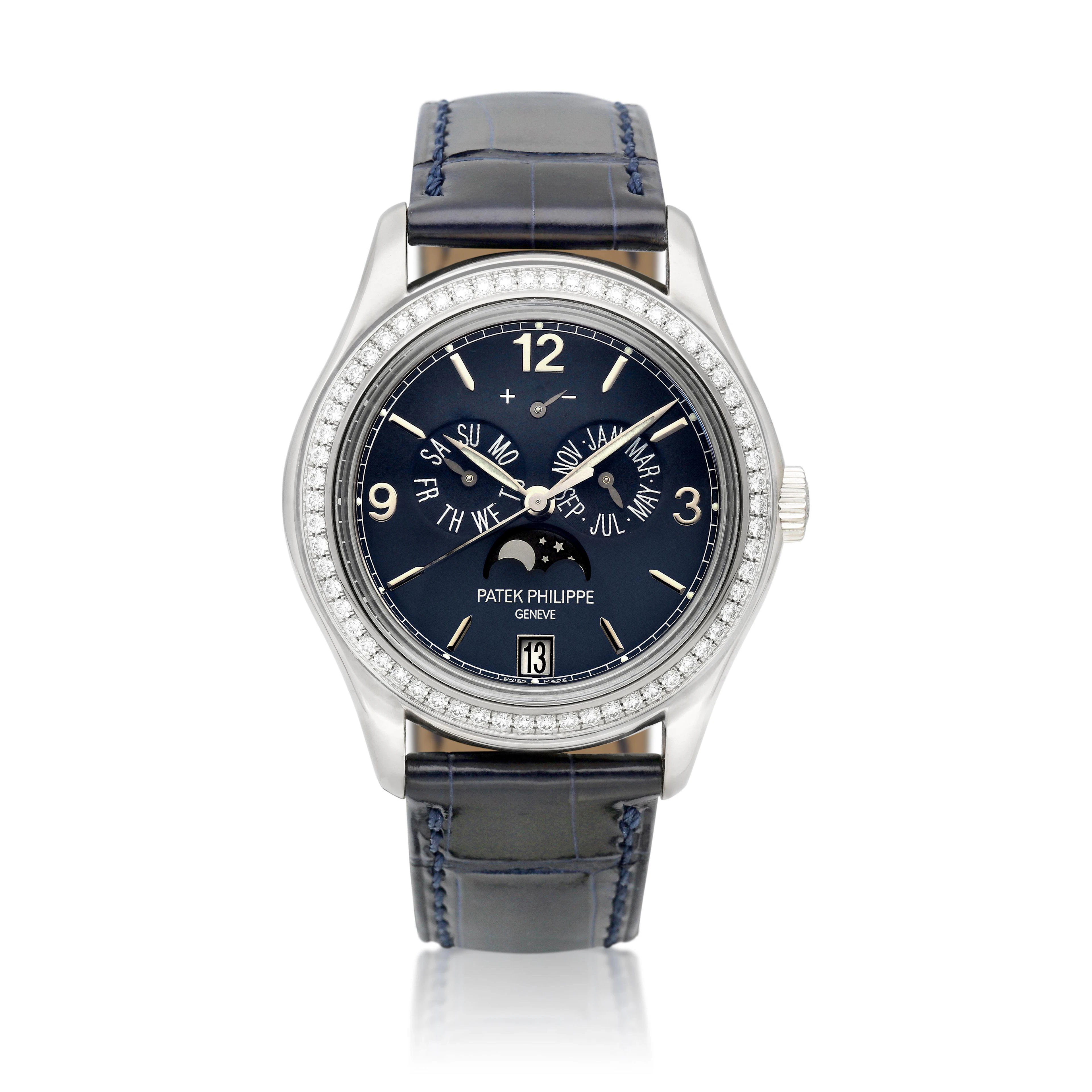 Complications (Reference 5147G). A 39mm white gold diamond-set automatic
