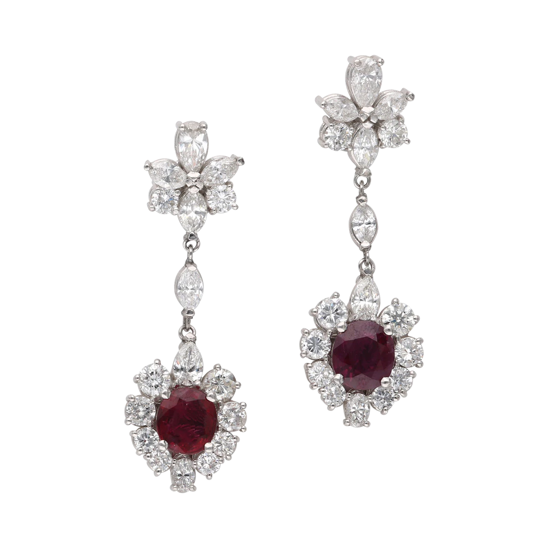 Platinum, Diamond and Ruby Drop Earrings