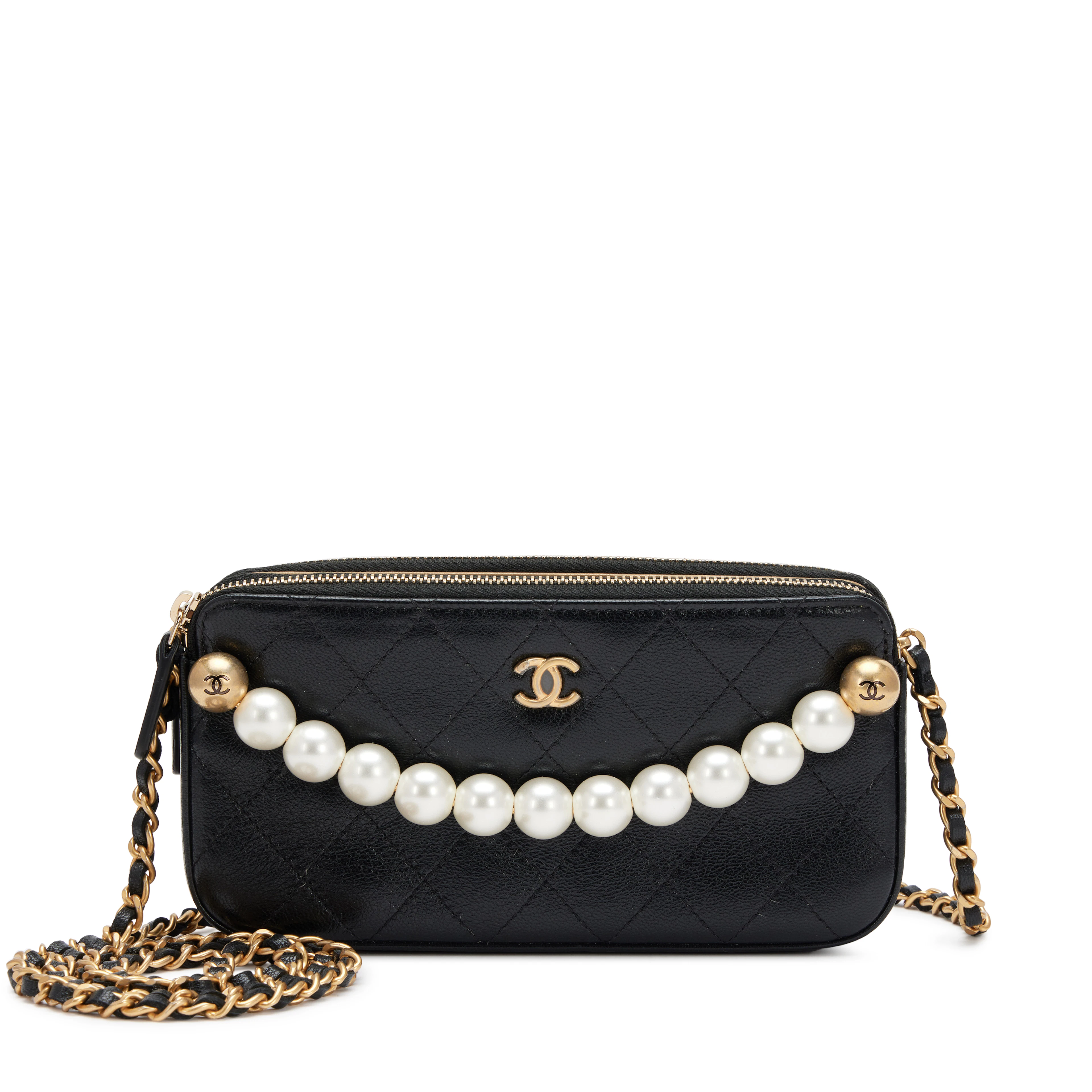 Black Quilted Goatskin Small Chic Pearls Clutch with Chain Aged Gold