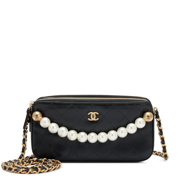 Black Quilted Goatskin Small Chic Pearls Clutch with Chain Aged Gold